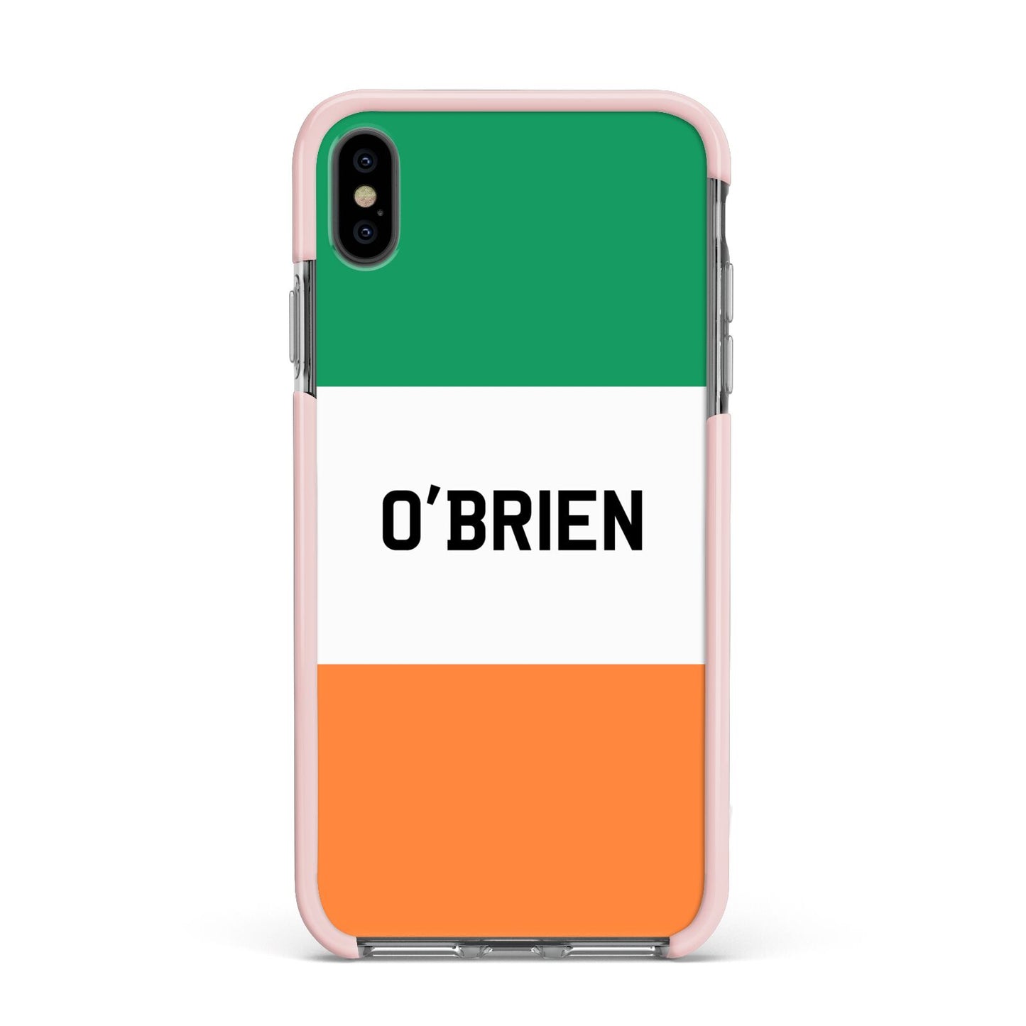 Irish Flag Personalised Name Apple iPhone Xs Max Impact Case Pink Edge on Black Phone