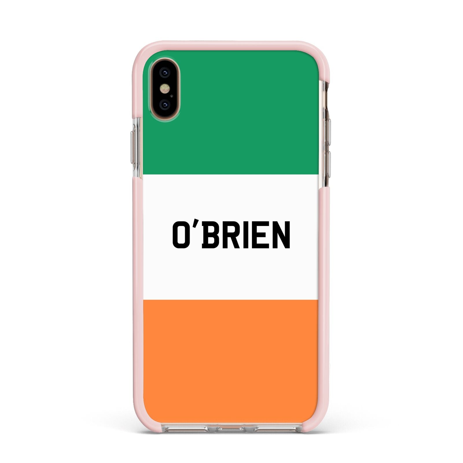 Irish Flag Personalised Name Apple iPhone Xs Max Impact Case Pink Edge on Gold Phone