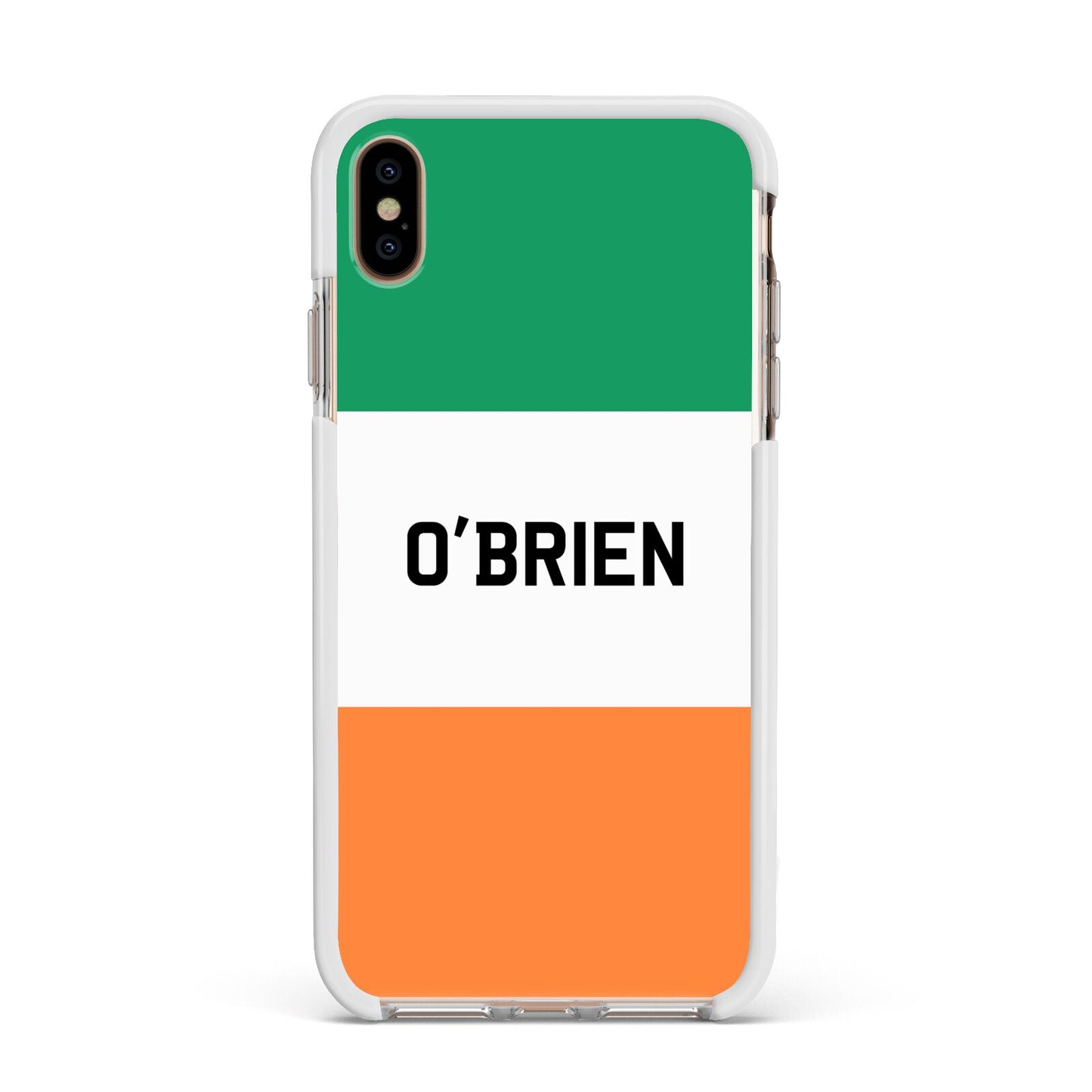 Irish Flag Personalised Name Apple iPhone Xs Max Impact Case White Edge on Gold Phone