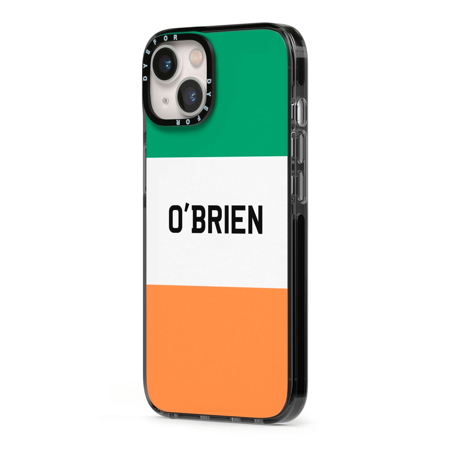 Irish Flag Personalised Name iPhone 13 Black Impact Case Side Angle on Silver phone