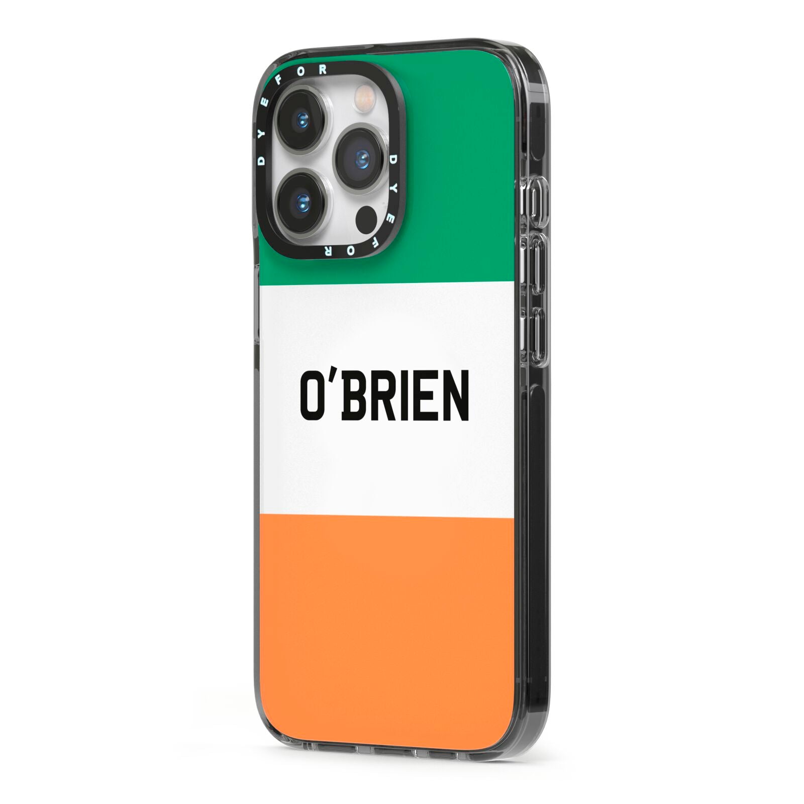 Irish Flag Personalised Name iPhone 13 Pro Black Impact Case Side Angle on Silver phone