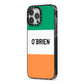 Irish Flag Personalised Name iPhone 13 Pro Max Black Impact Case Side Angle on Silver phone