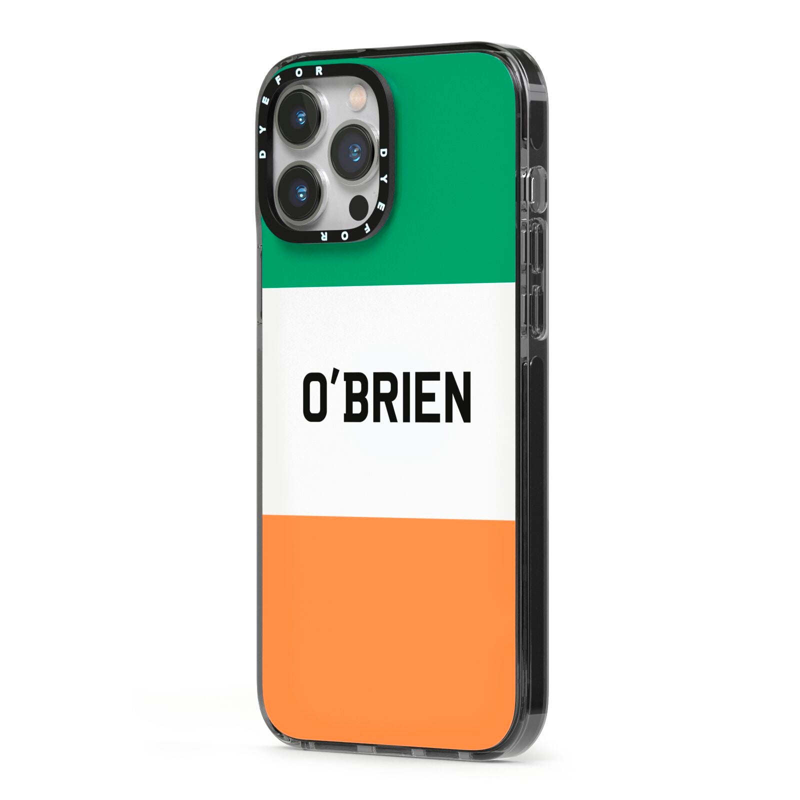 Irish Flag Personalised Name iPhone 13 Pro Max Black Impact Case Side Angle on Silver phone