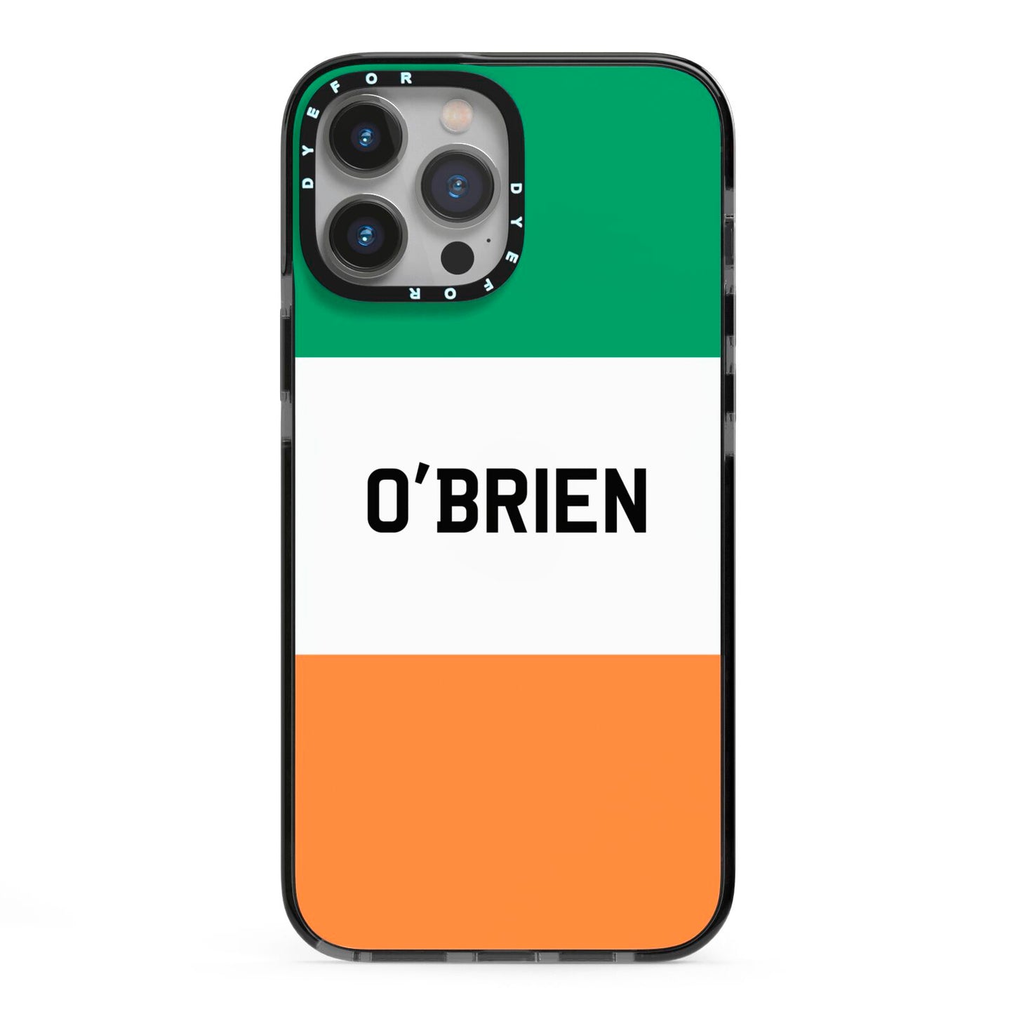 Irish Flag Personalised Name iPhone 13 Pro Max Black Impact Case on Silver phone