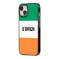 Irish Flag Personalised Name iPhone 14 Black Impact Case Side Angle on Silver phone