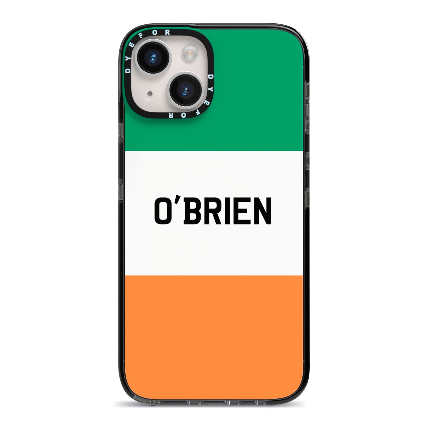 Irish Flag Personalised Name iPhone 14 Black Impact Case on Silver phone