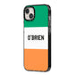 Irish Flag Personalised Name iPhone 14 Plus Black Impact Case Side Angle on Silver phone