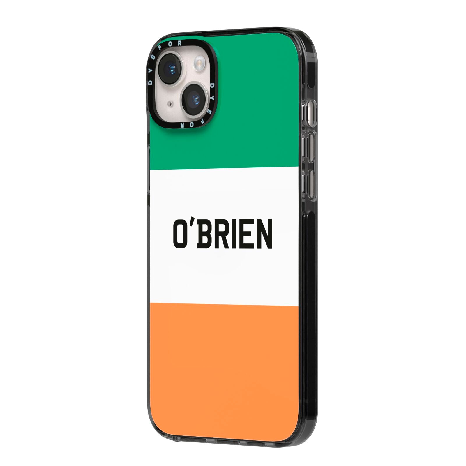 Irish Flag Personalised Name iPhone 14 Plus Black Impact Case Side Angle on Silver phone