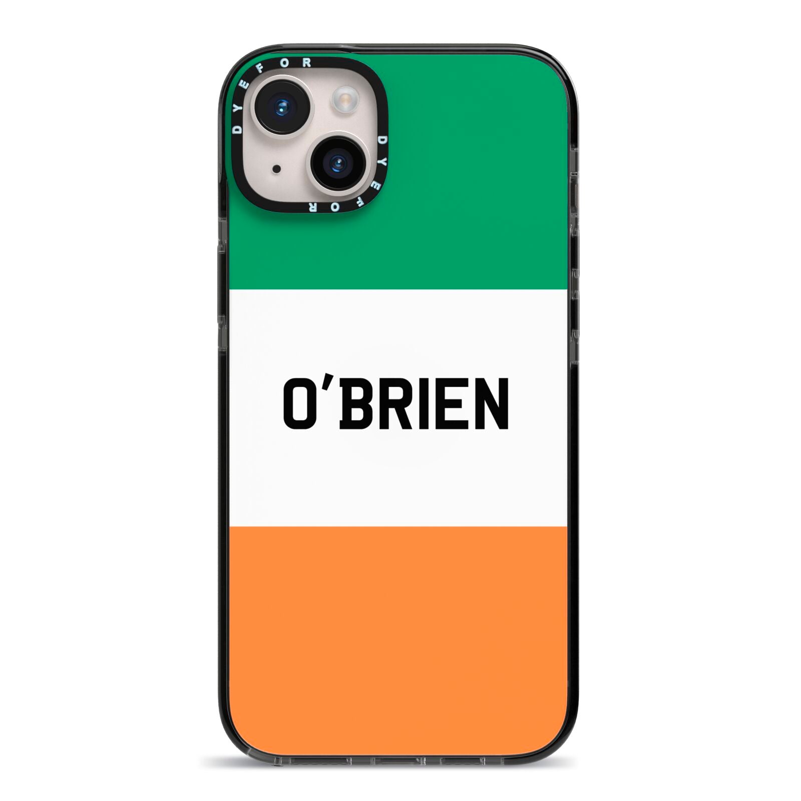 Irish Flag Personalised Name iPhone 14 Plus Black Impact Case on Silver phone