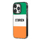 Irish Flag Personalised Name iPhone 14 Pro Black Impact Case Side Angle on Silver phone