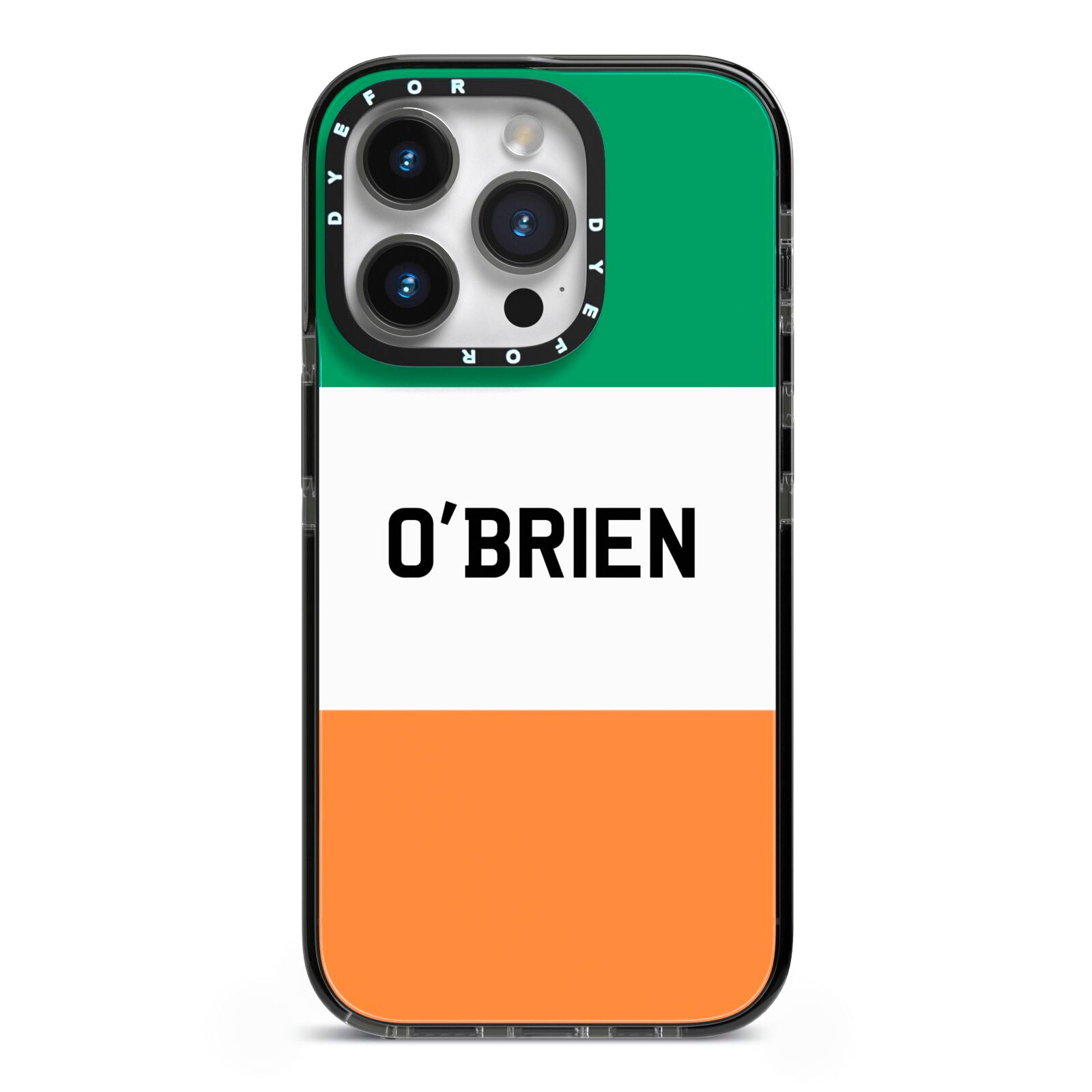 Irish Flag Personalised Name iPhone 14 Pro Black Impact Case on Silver phone