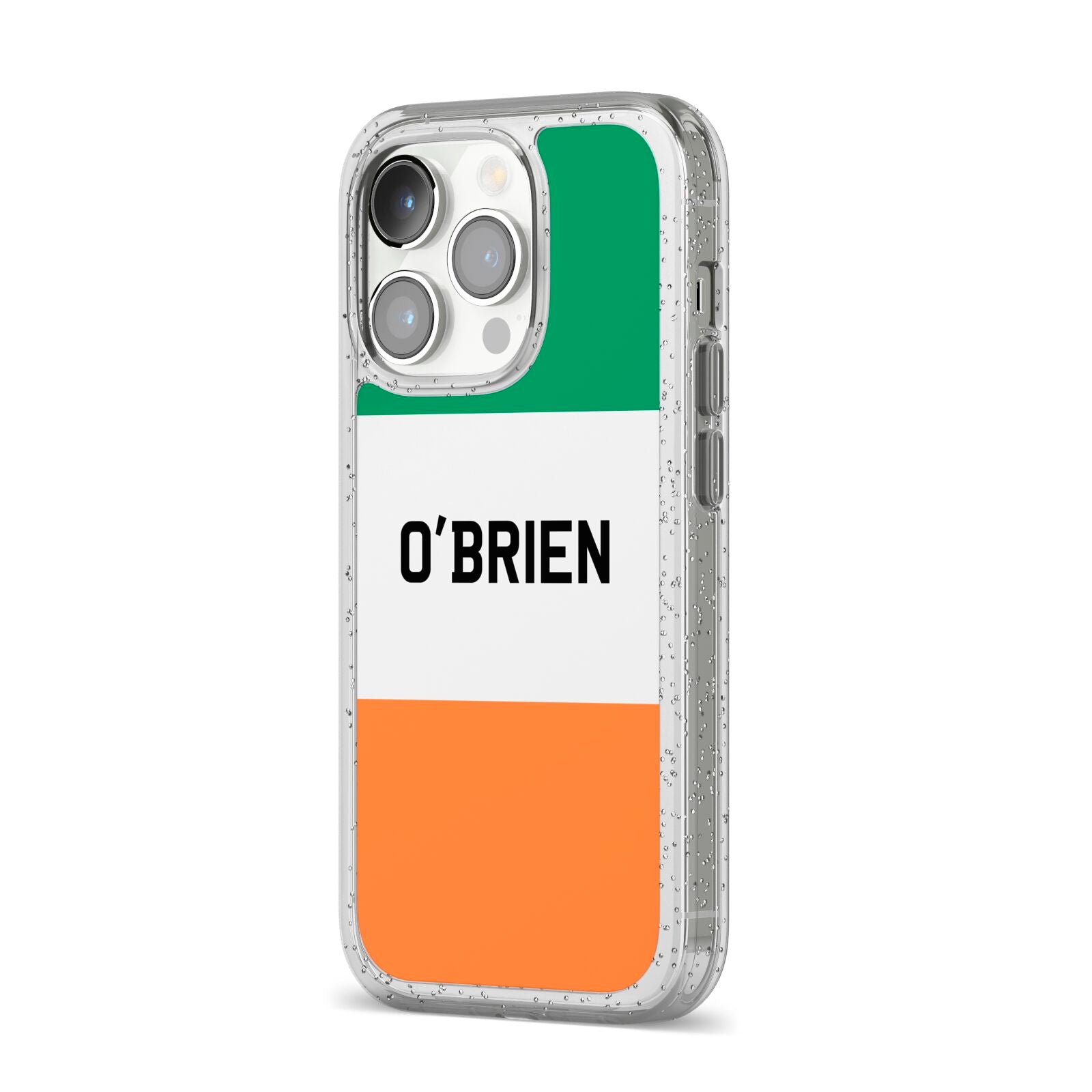 Irish Flag Personalised Name iPhone 14 Pro Glitter Tough Case Silver Angled Image
