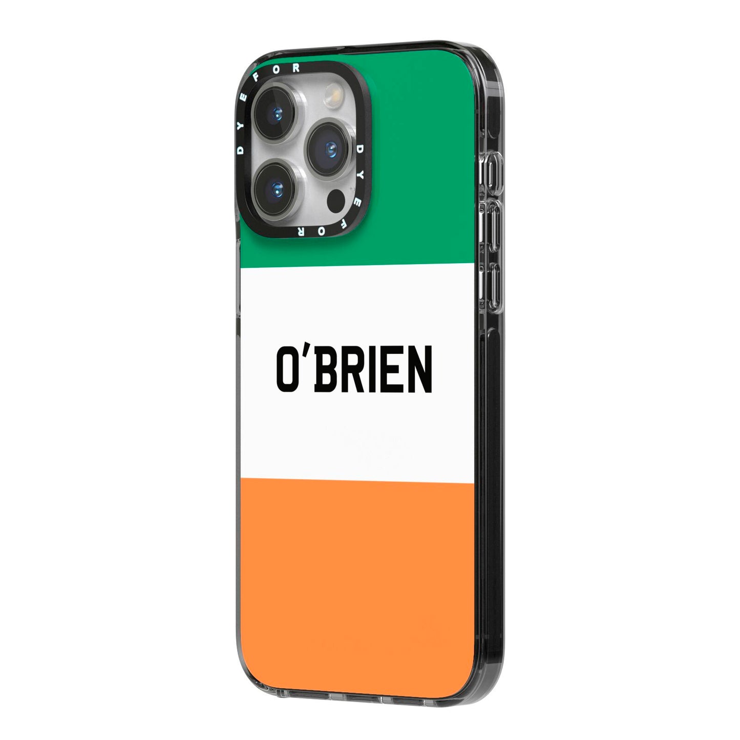 Irish Flag Personalised Name iPhone 14 Pro Max Black Impact Case Side Angle on Silver phone