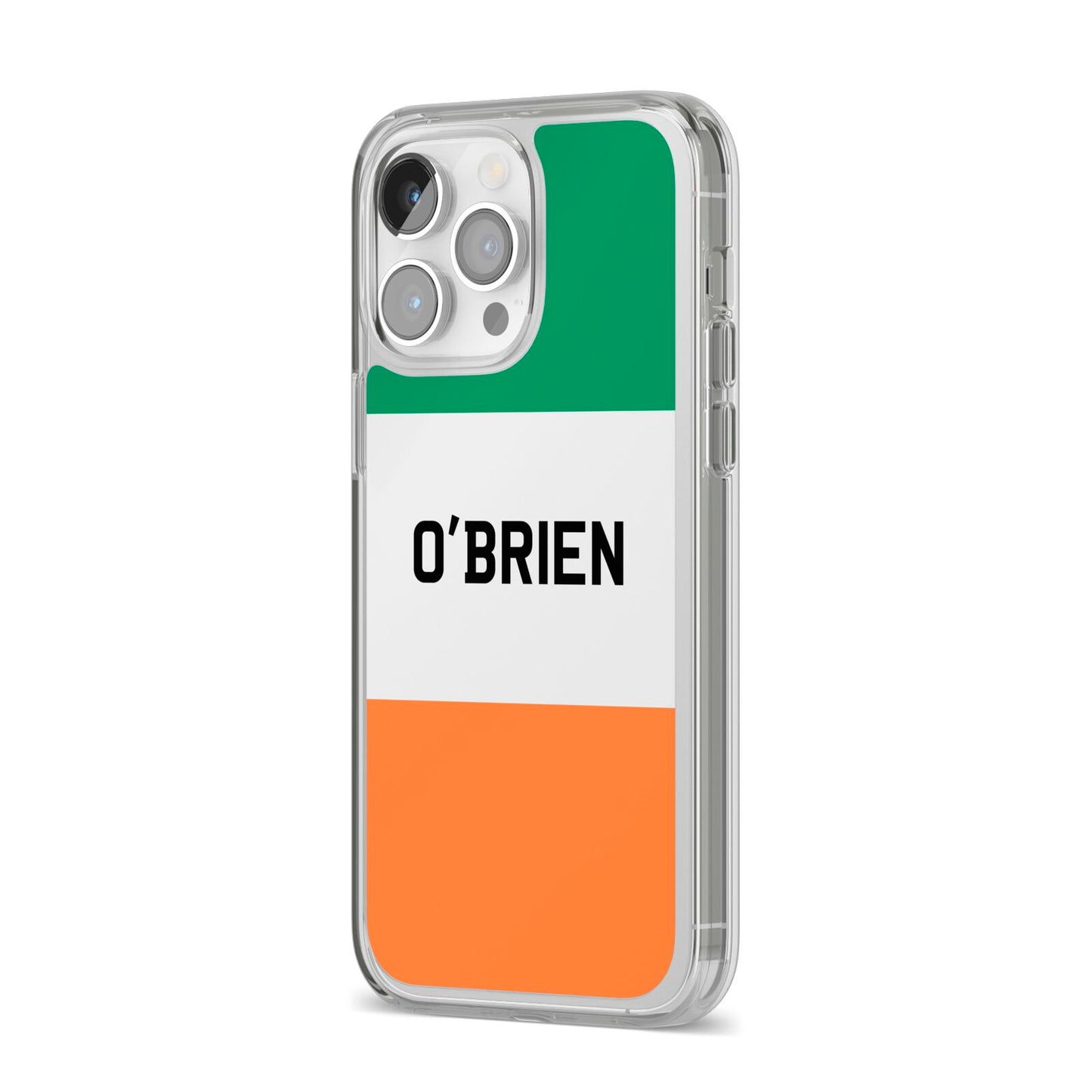 Irish Flag Personalised Name iPhone 14 Pro Max Clear Tough Case Silver Angled Image