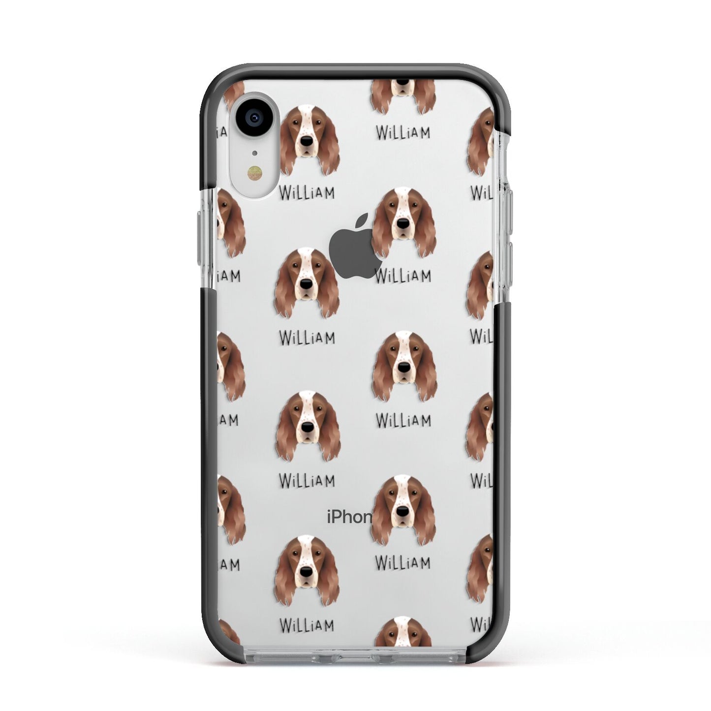 Irish Red White Setter Icon with Name Apple iPhone XR Impact Case Black Edge on Silver Phone