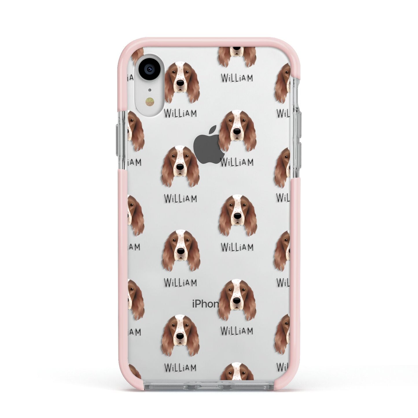 Irish Red White Setter Icon with Name Apple iPhone XR Impact Case Pink Edge on Silver Phone
