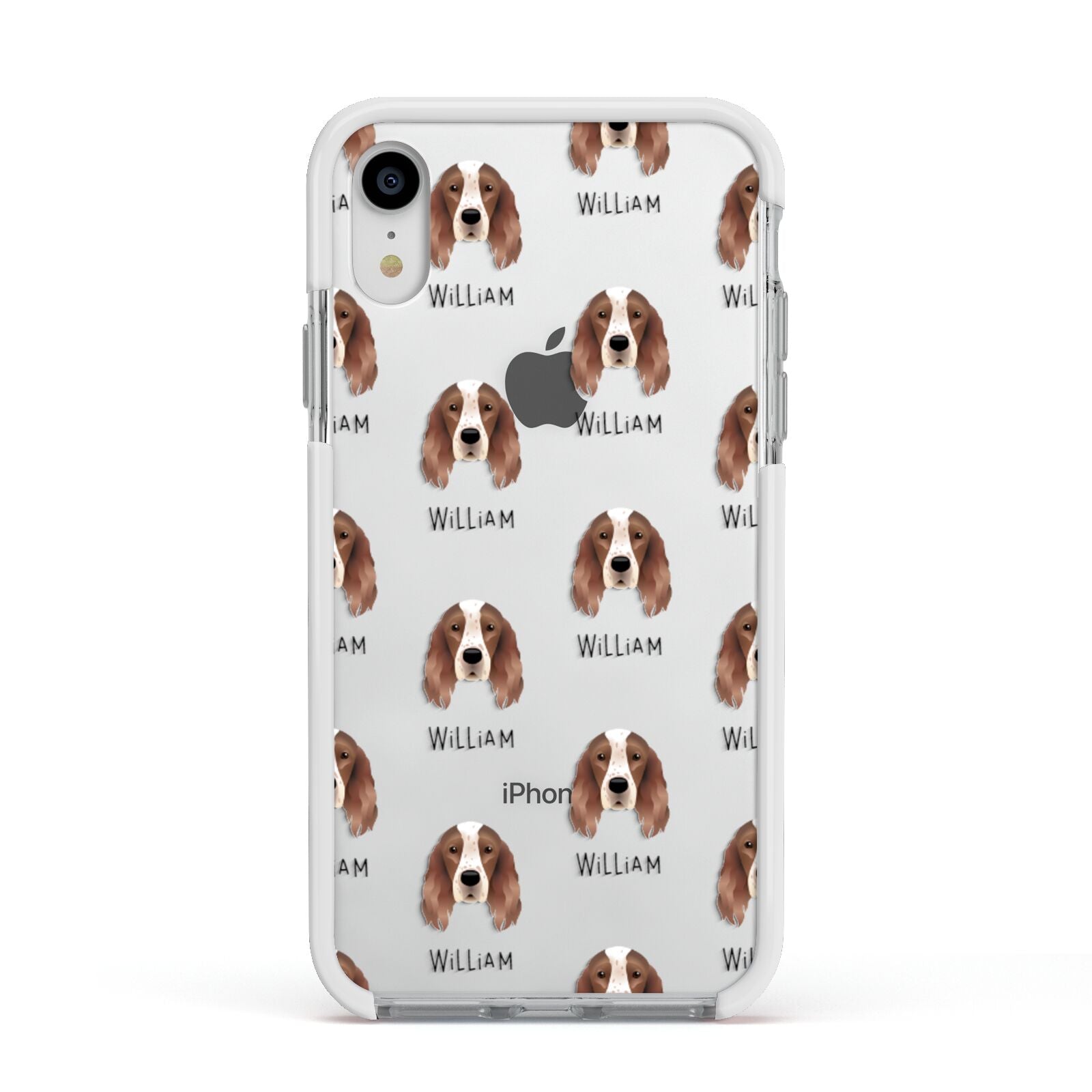 Irish Red White Setter Icon with Name Apple iPhone XR Impact Case White Edge on Silver Phone