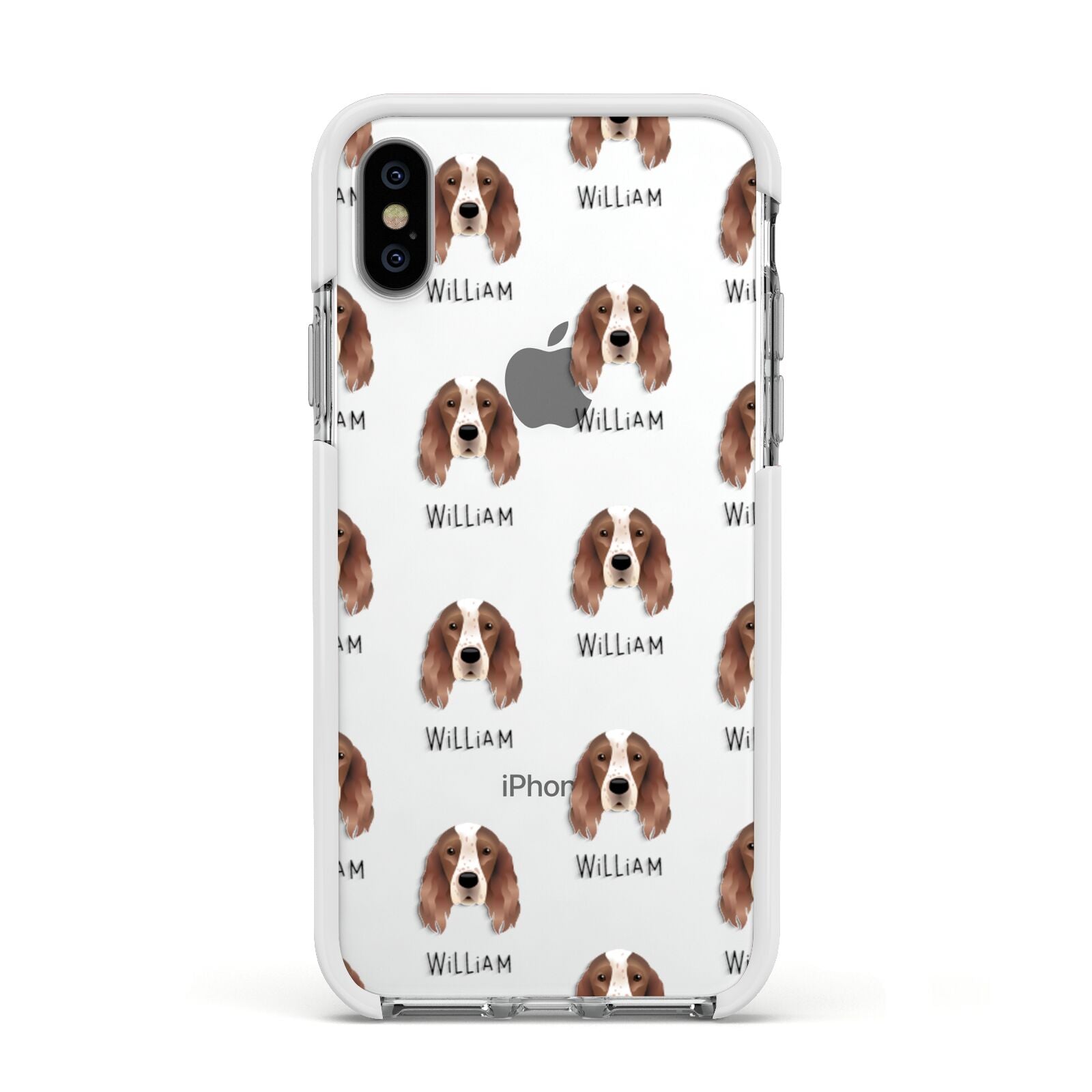Irish Red White Setter Icon with Name Apple iPhone Xs Impact Case White Edge on Silver Phone