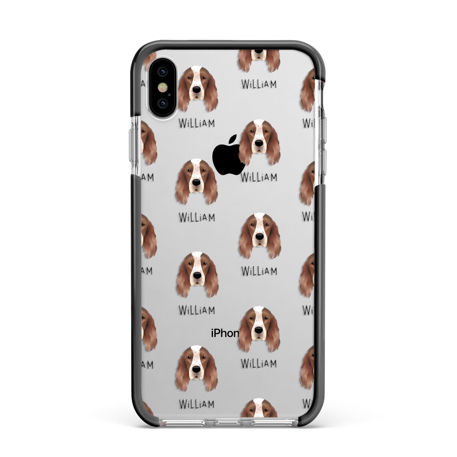 Irish Red White Setter Icon with Name Apple iPhone Xs Max Impact Case Black Edge on Silver Phone