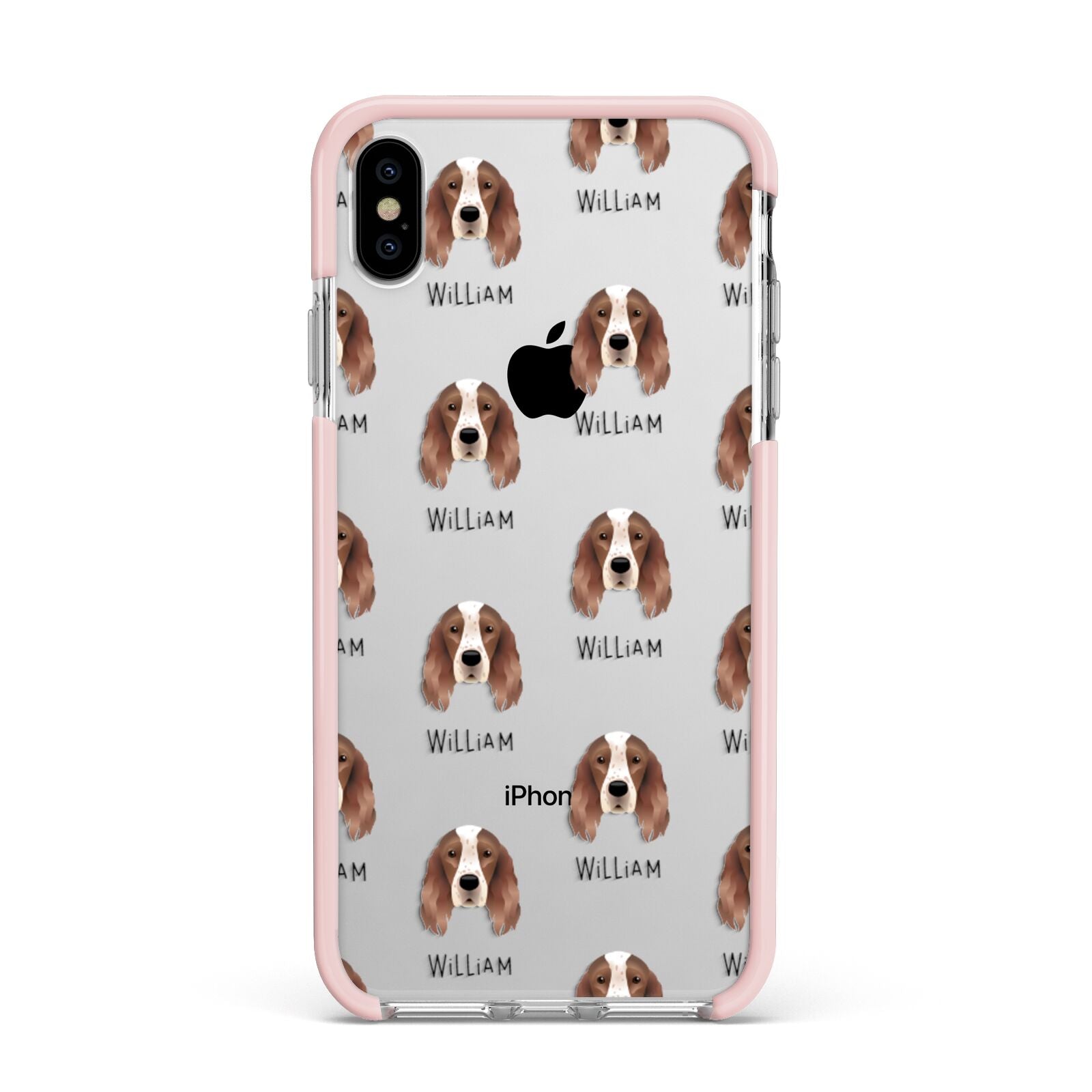 Irish Red White Setter Icon with Name Apple iPhone Xs Max Impact Case Pink Edge on Silver Phone