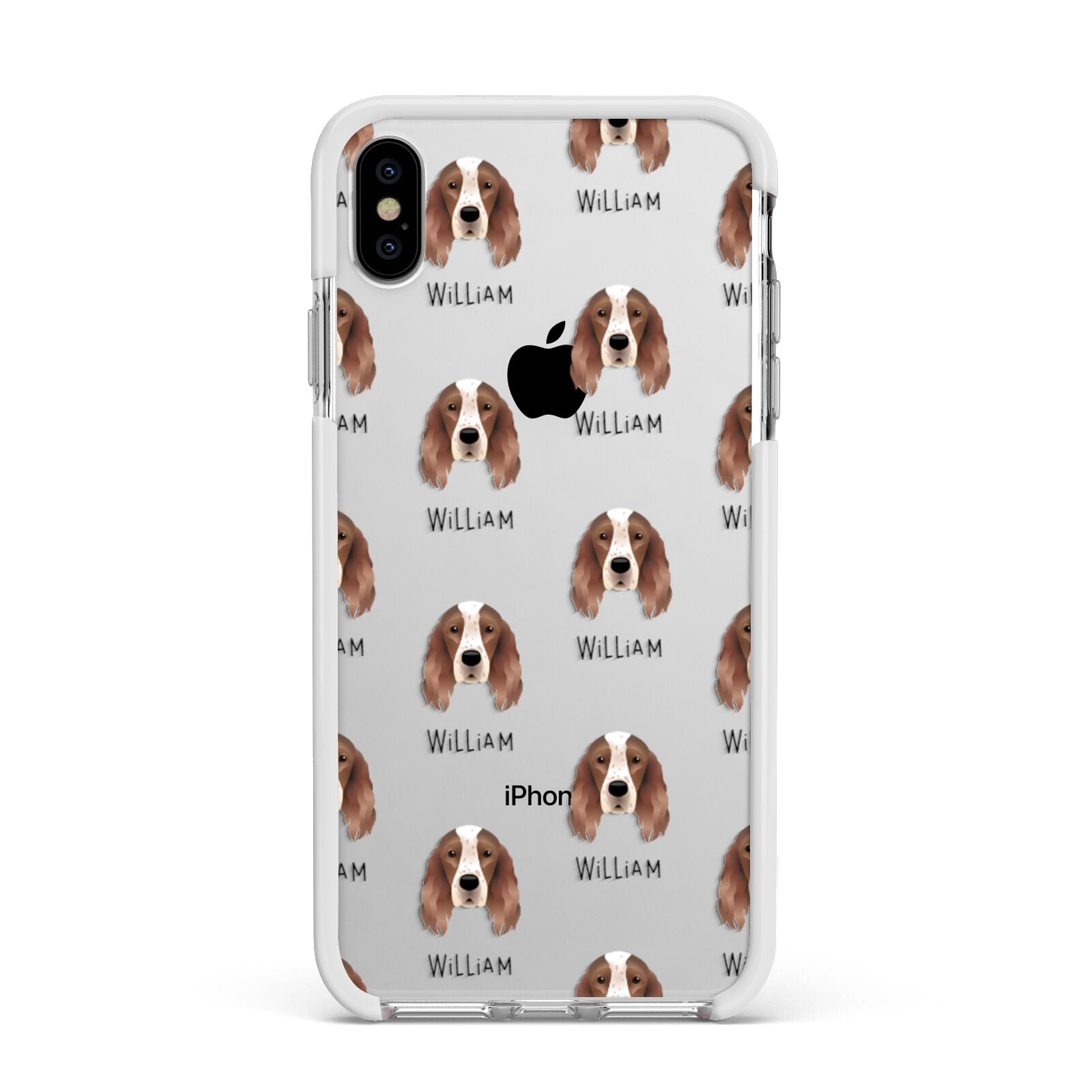 Irish Red White Setter Icon with Name Apple iPhone Xs Max Impact Case White Edge on Silver Phone