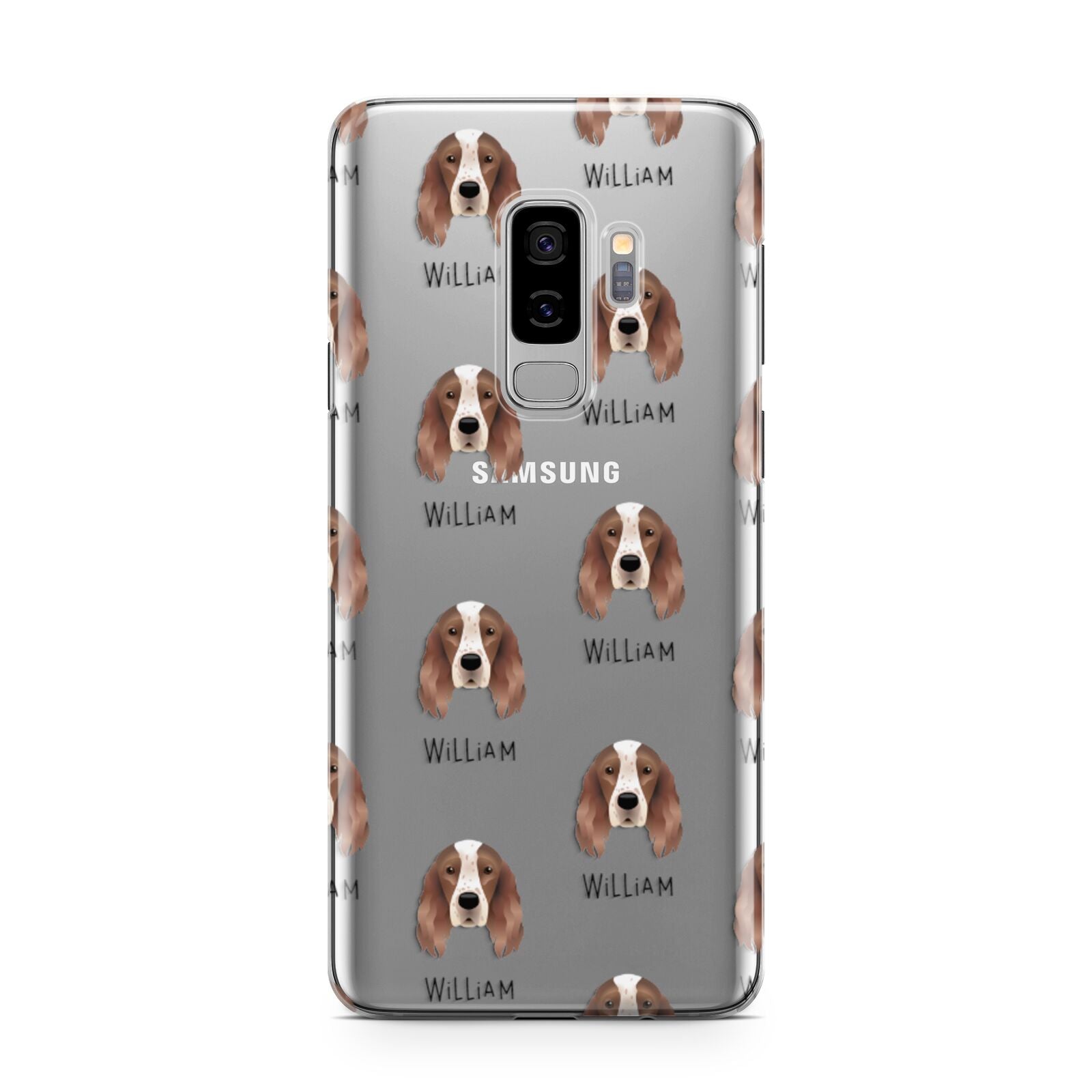 Irish Red White Setter Icon with Name Samsung Galaxy S9 Plus Case on Silver phone