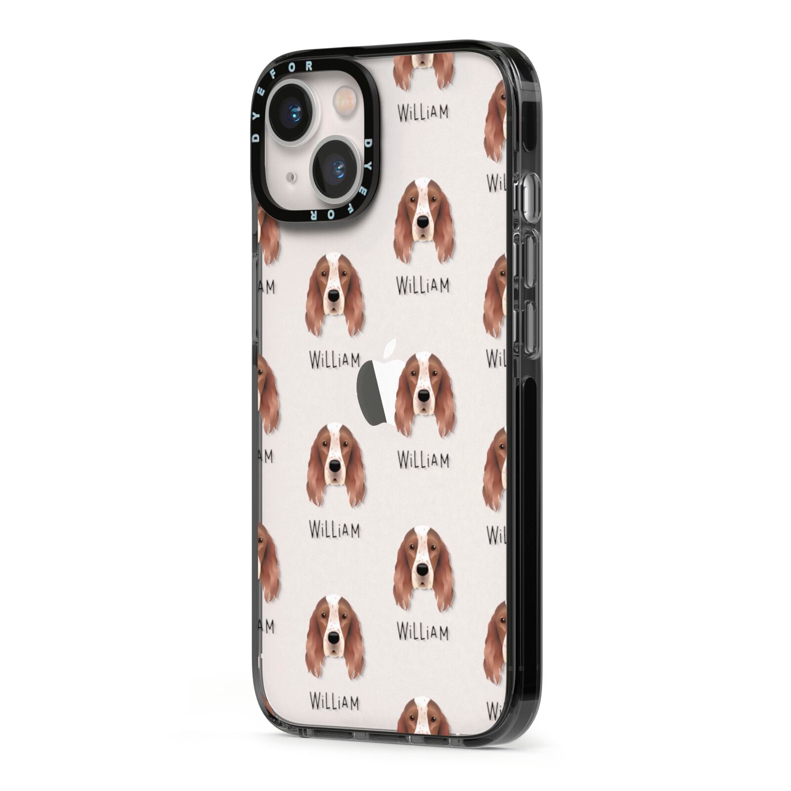 Irish Red White Setter Icon with Name iPhone 13 Black Impact Case Side Angle on Silver phone