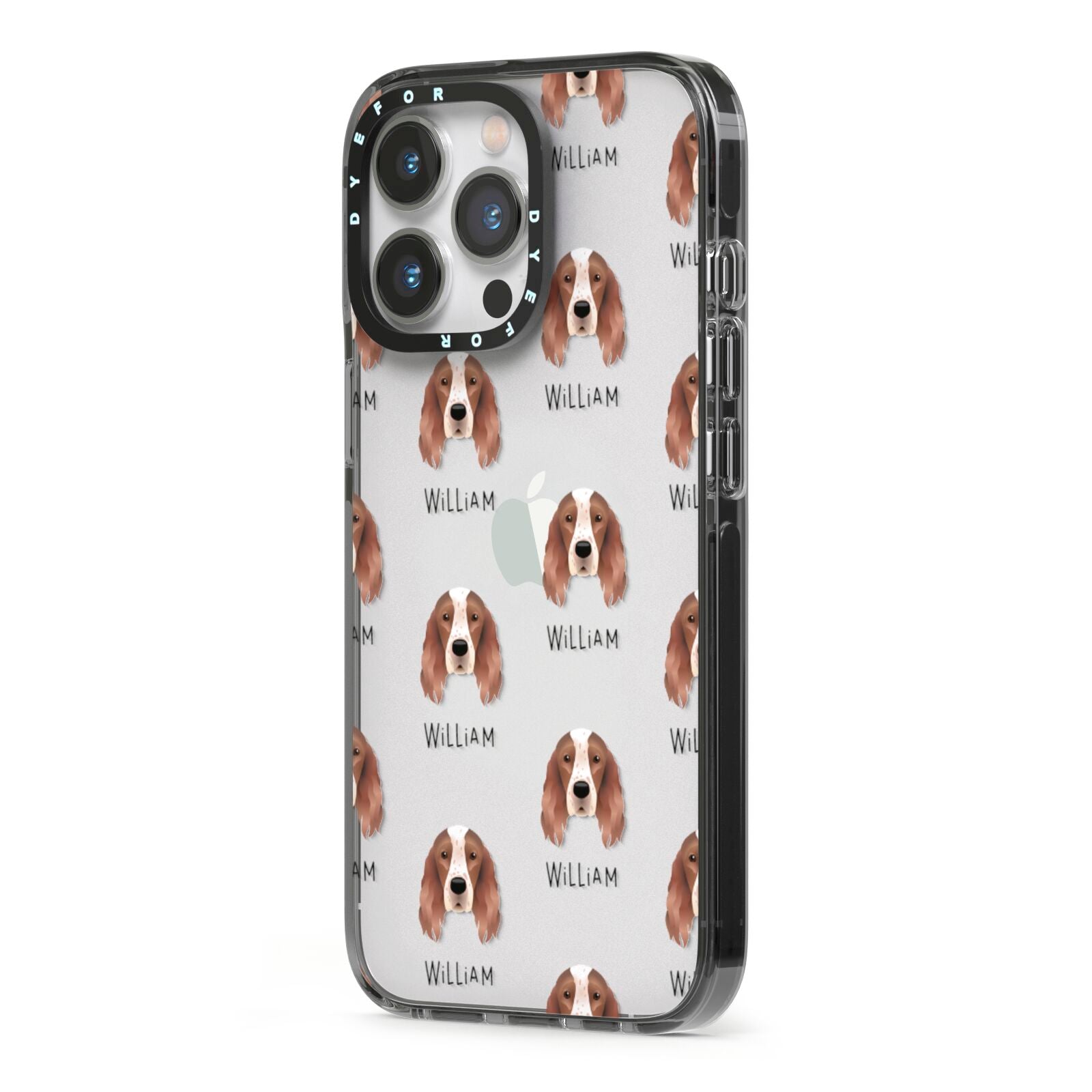 Irish Red White Setter Icon with Name iPhone 13 Pro Black Impact Case Side Angle on Silver phone