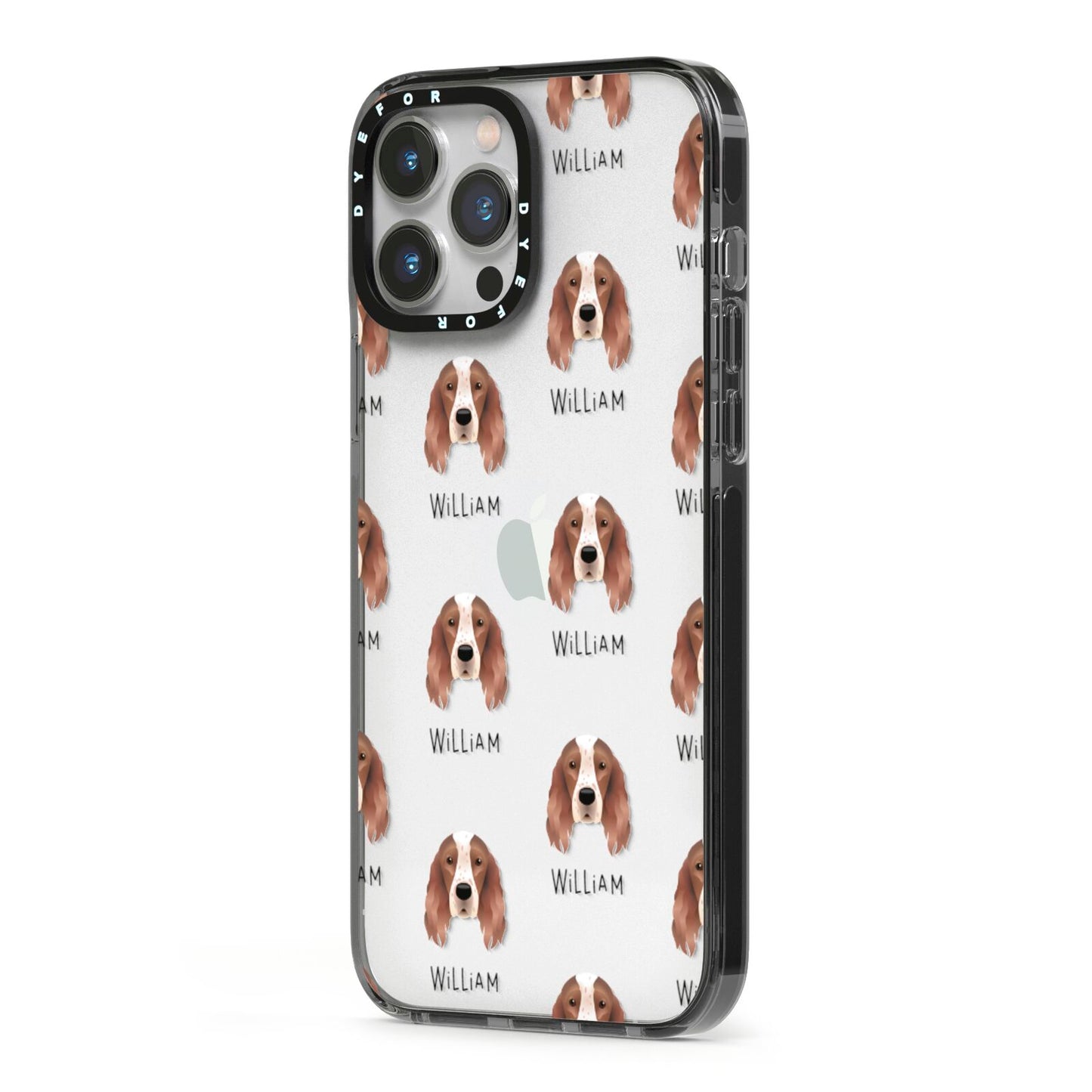Irish Red White Setter Icon with Name iPhone 13 Pro Max Black Impact Case Side Angle on Silver phone
