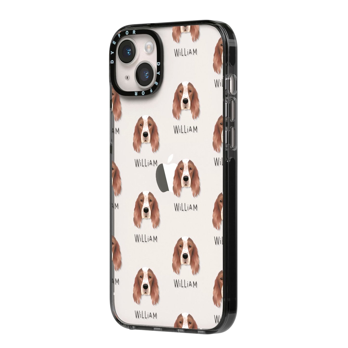 Irish Red White Setter Icon with Name iPhone 14 Plus Black Impact Case Side Angle on Silver phone