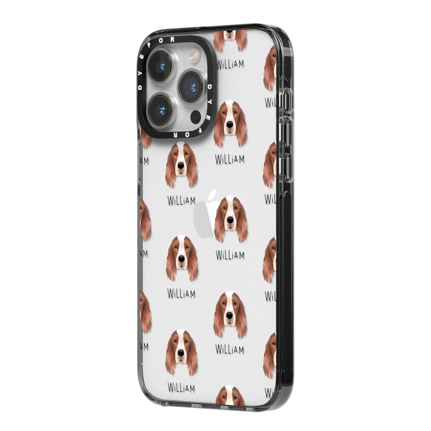Irish Red White Setter Icon with Name iPhone 14 Pro Max Black Impact Case Side Angle on Silver phone