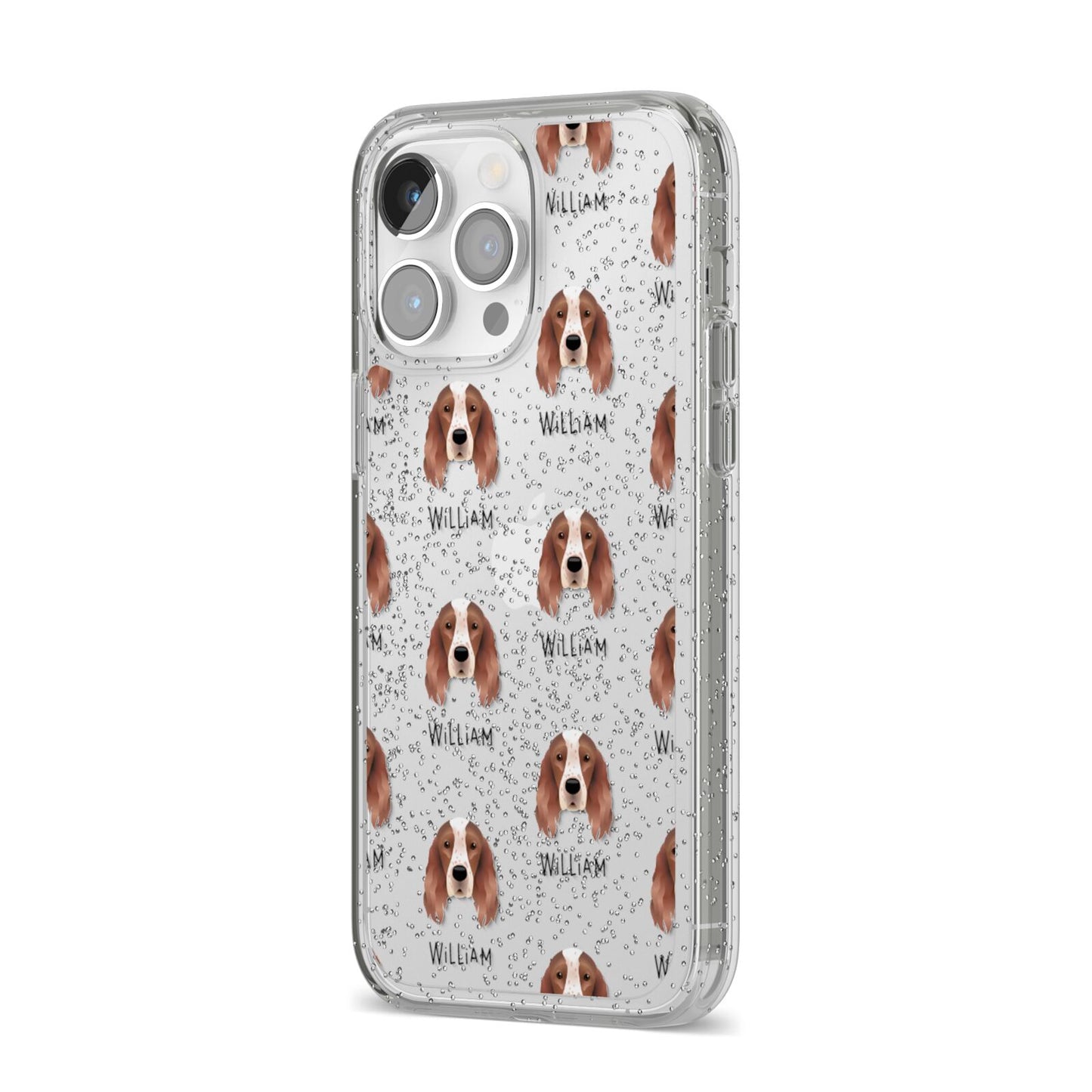 Irish Red White Setter Icon with Name iPhone 14 Pro Max Glitter Tough Case Silver Angled Image
