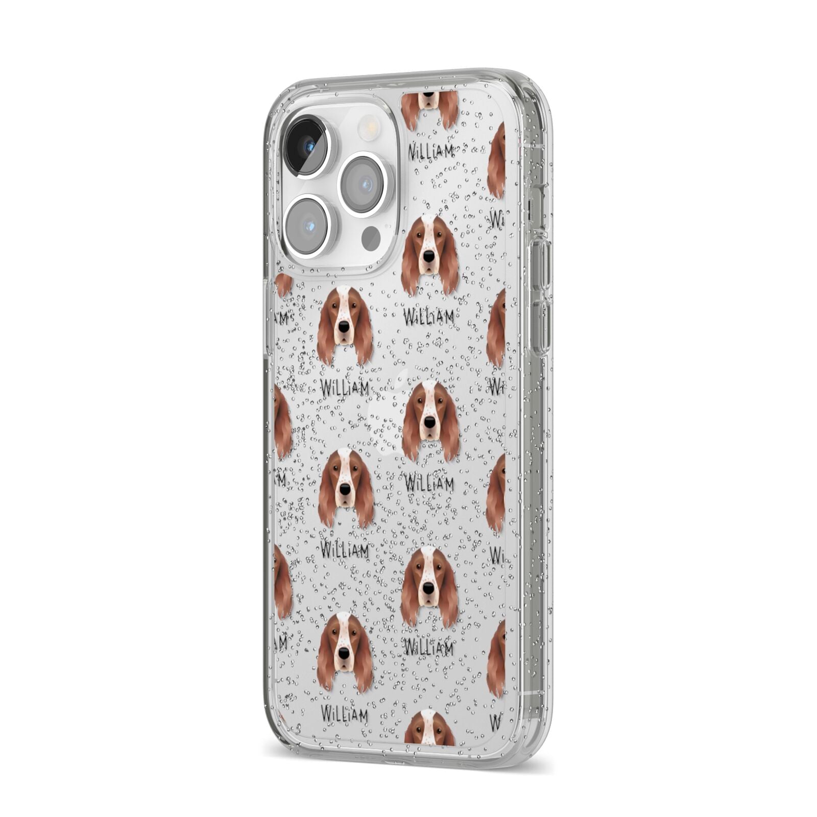 Irish Red White Setter Icon with Name iPhone 14 Pro Max Glitter Tough Case Silver Angled Image