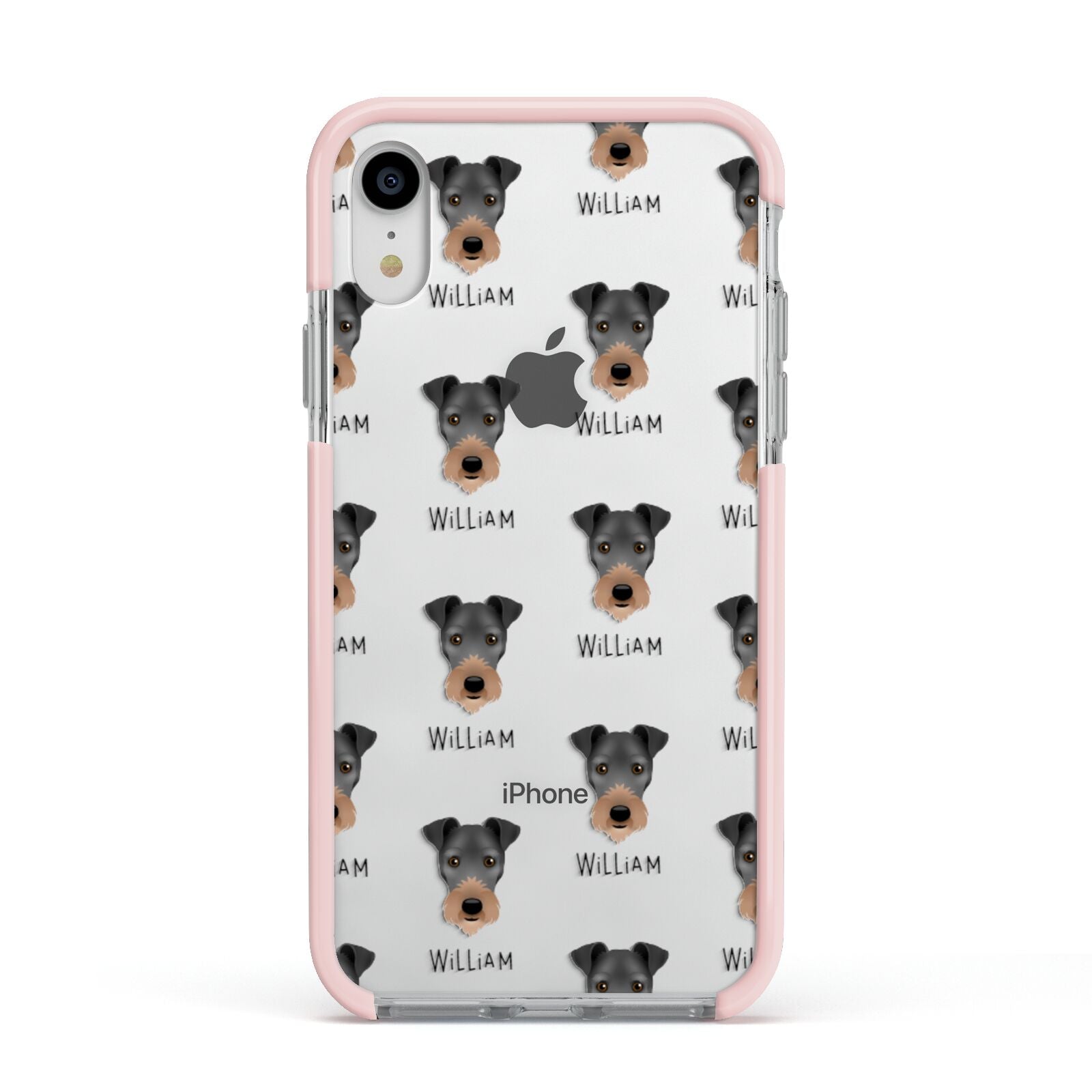 Irish Terrier Icon with Name Apple iPhone XR Impact Case Pink Edge on Silver Phone