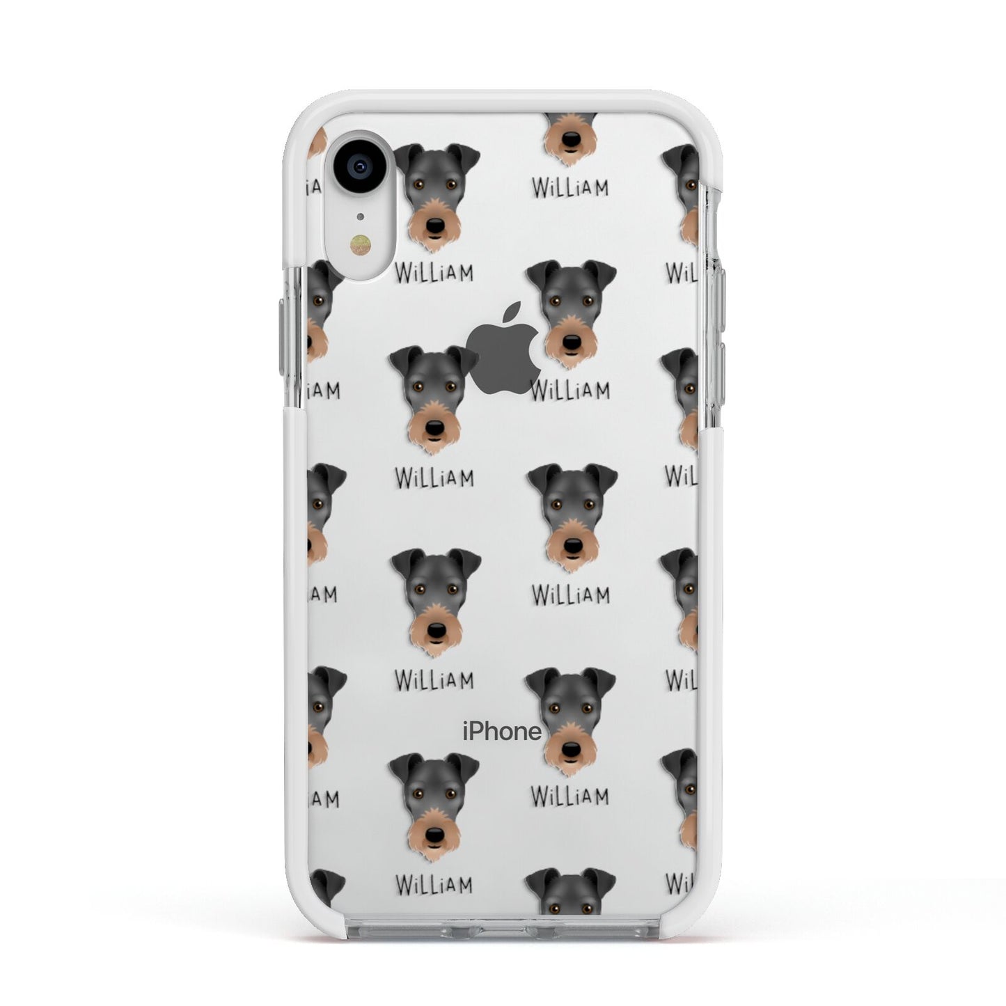 Irish Terrier Icon with Name Apple iPhone XR Impact Case White Edge on Silver Phone