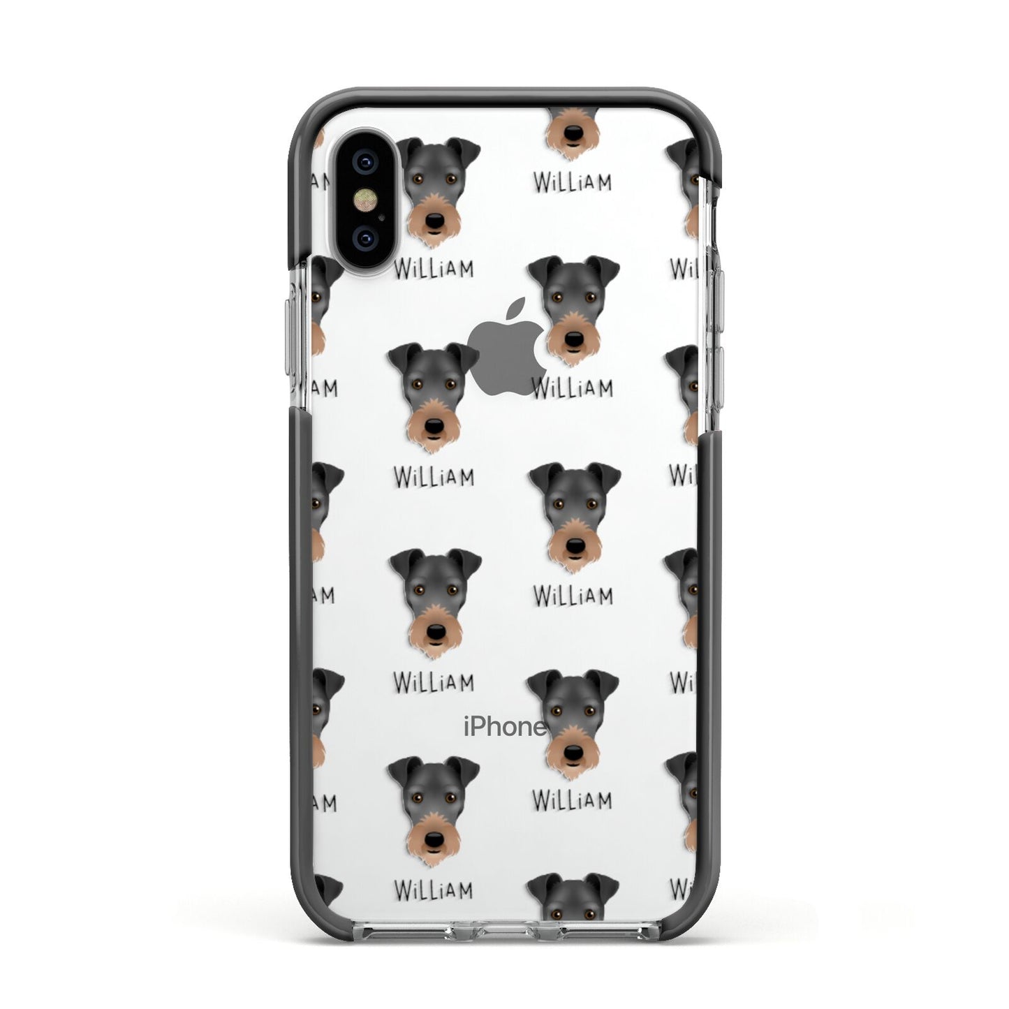 Irish Terrier Icon with Name Apple iPhone Xs Impact Case Black Edge on Silver Phone