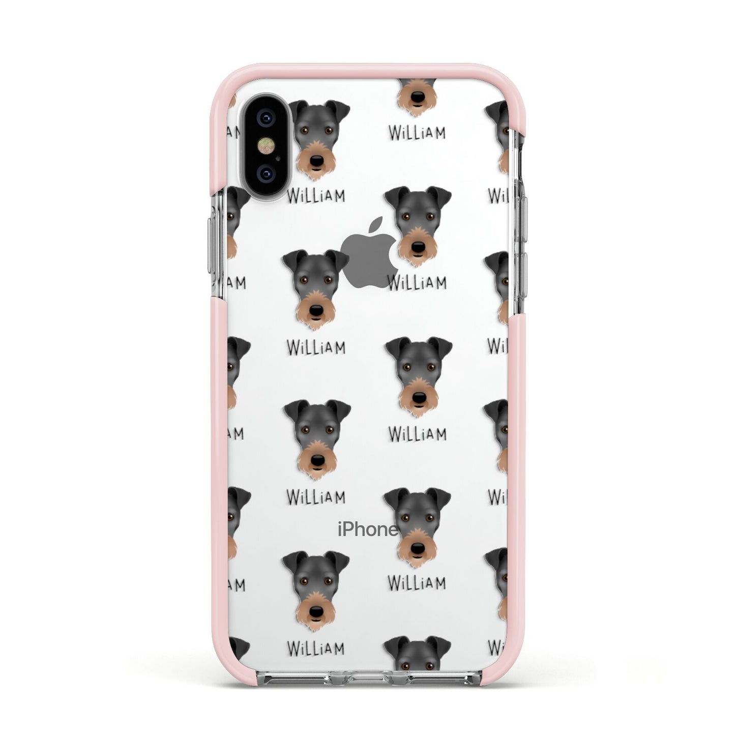 Irish Terrier Icon with Name Apple iPhone Xs Impact Case Pink Edge on Silver Phone