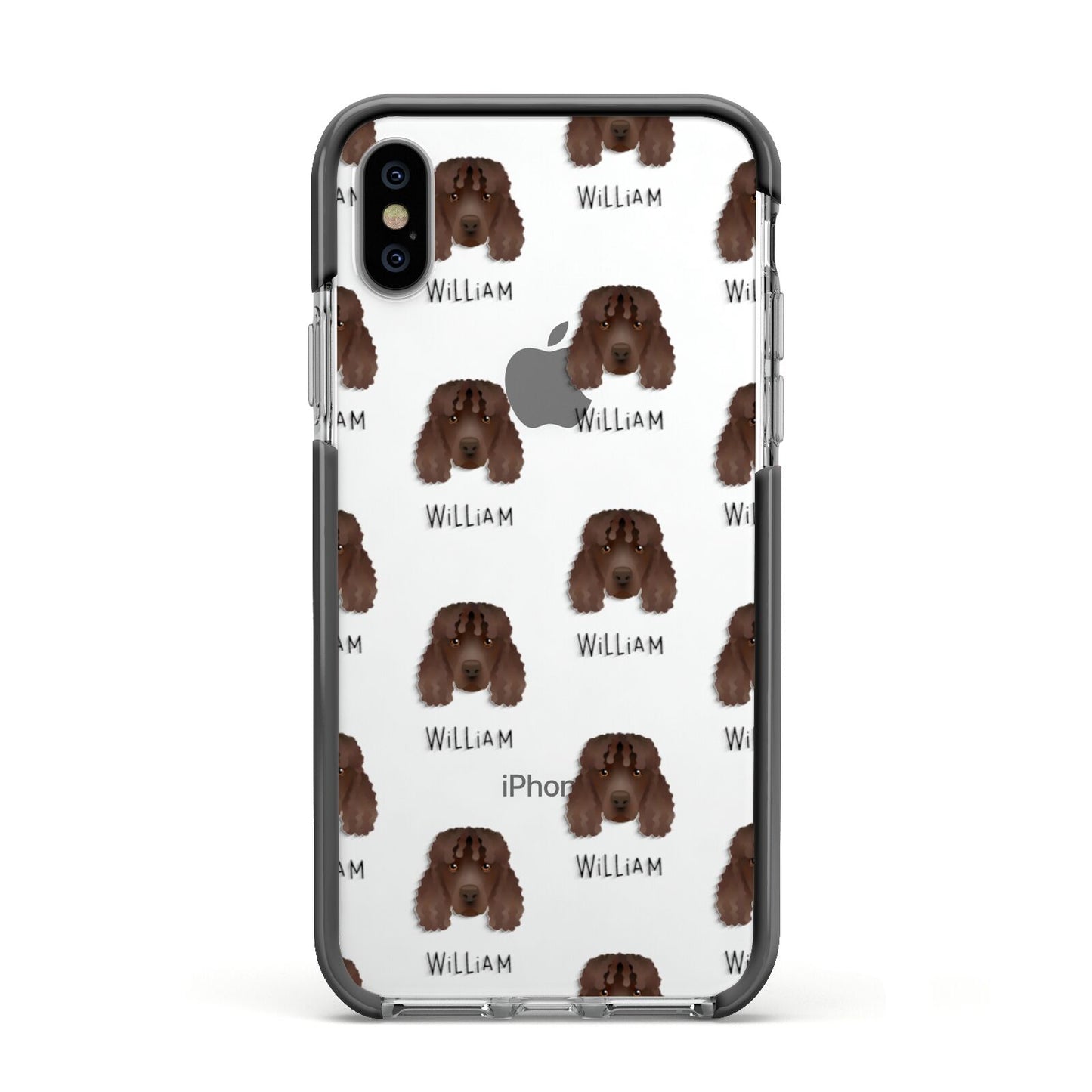 Irish Water Spaniel Icon with Name Apple iPhone Xs Impact Case Black Edge on Silver Phone