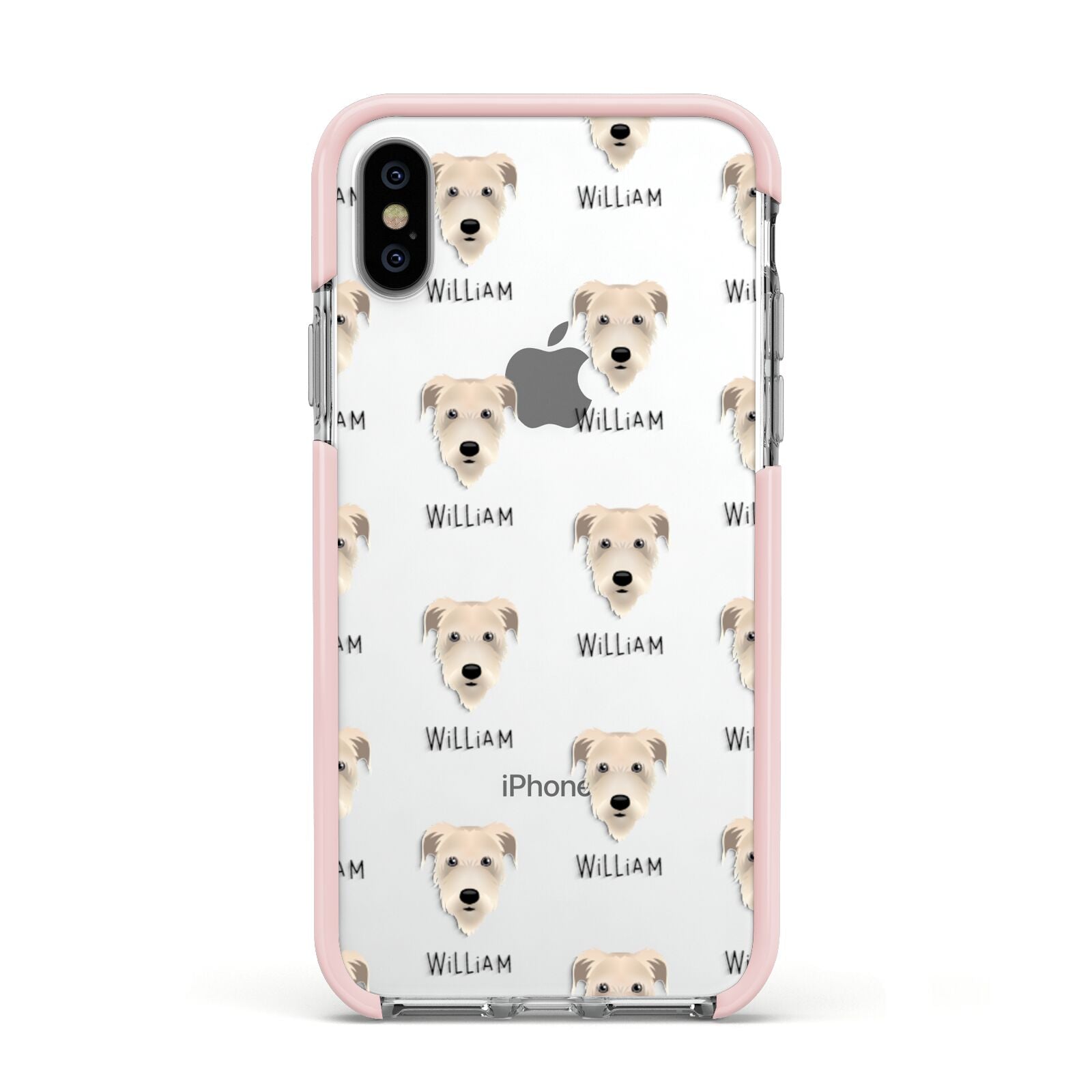 Irish Wolfhound Icon with Name Apple iPhone Xs Impact Case Pink Edge on Silver Phone