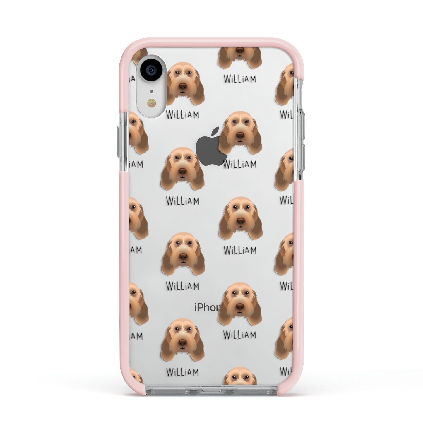 Italian Spinone Icon with Name Apple iPhone XR Impact Case Pink Edge on Silver Phone