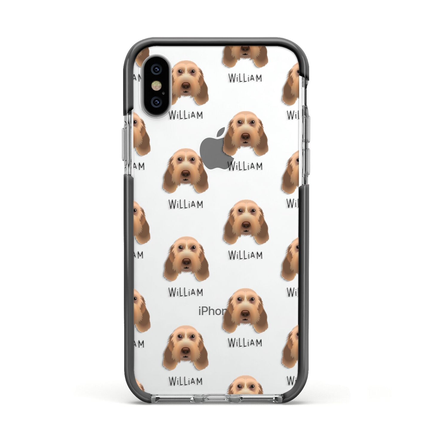 Italian Spinone Icon with Name Apple iPhone Xs Impact Case Black Edge on Silver Phone