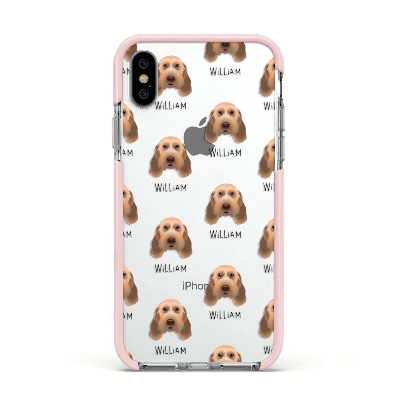 Italian Spinone Icon with Name Apple iPhone Xs Impact Case Pink Edge on Silver Phone