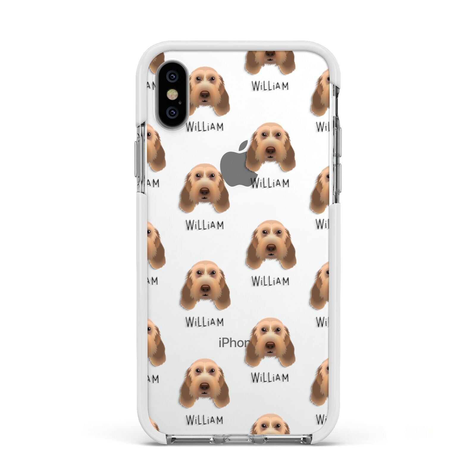Italian Spinone Icon with Name Apple iPhone Xs Impact Case White Edge on Silver Phone