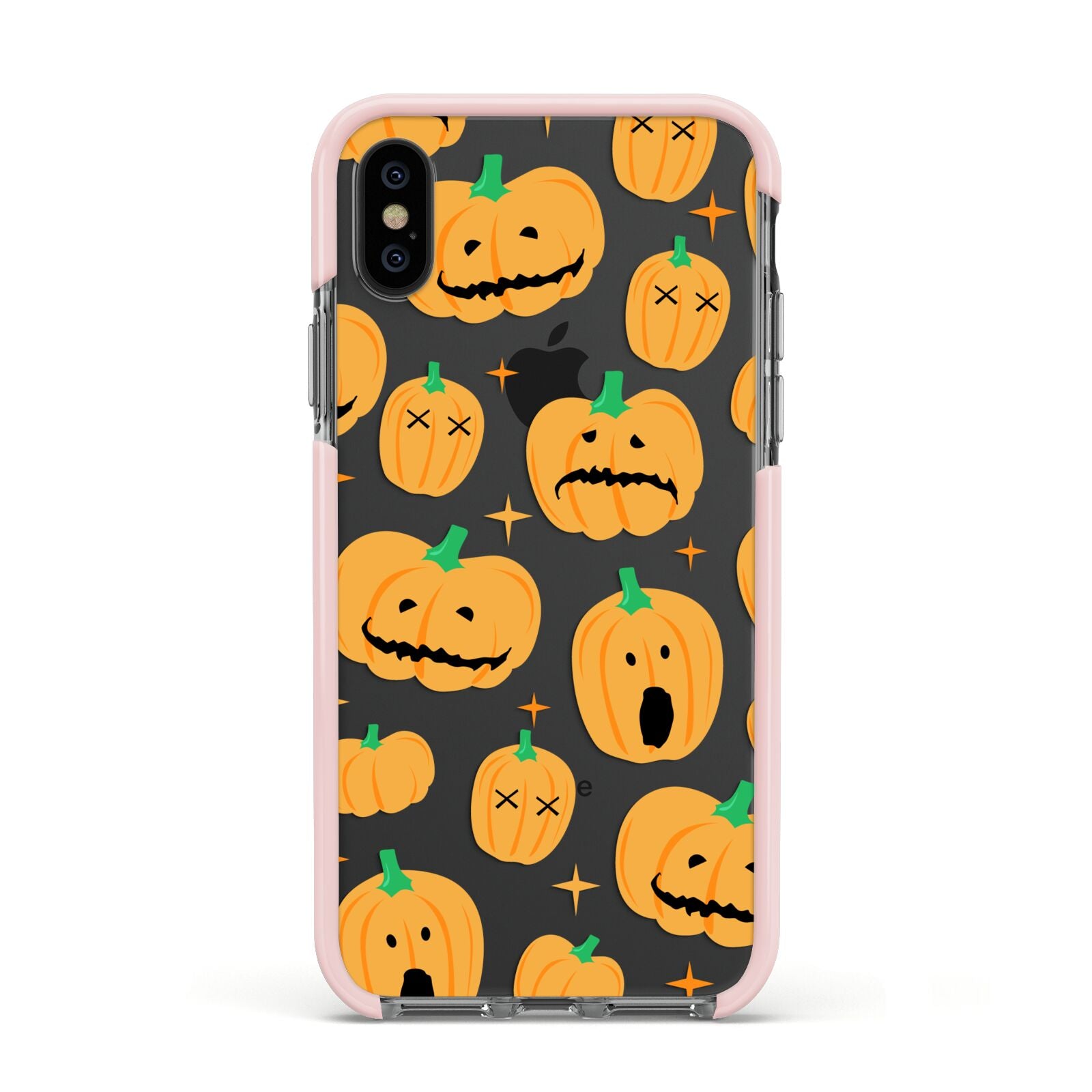 Jack O Lanterns with Transparent Background Apple iPhone Xs Impact Case Pink Edge on Black Phone