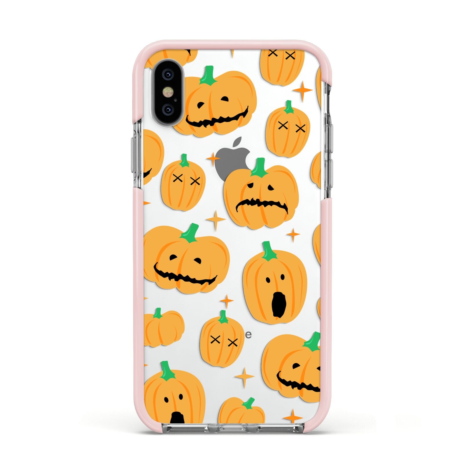 Jack O Lanterns with Transparent Background Apple iPhone Xs Impact Case Pink Edge on Silver Phone