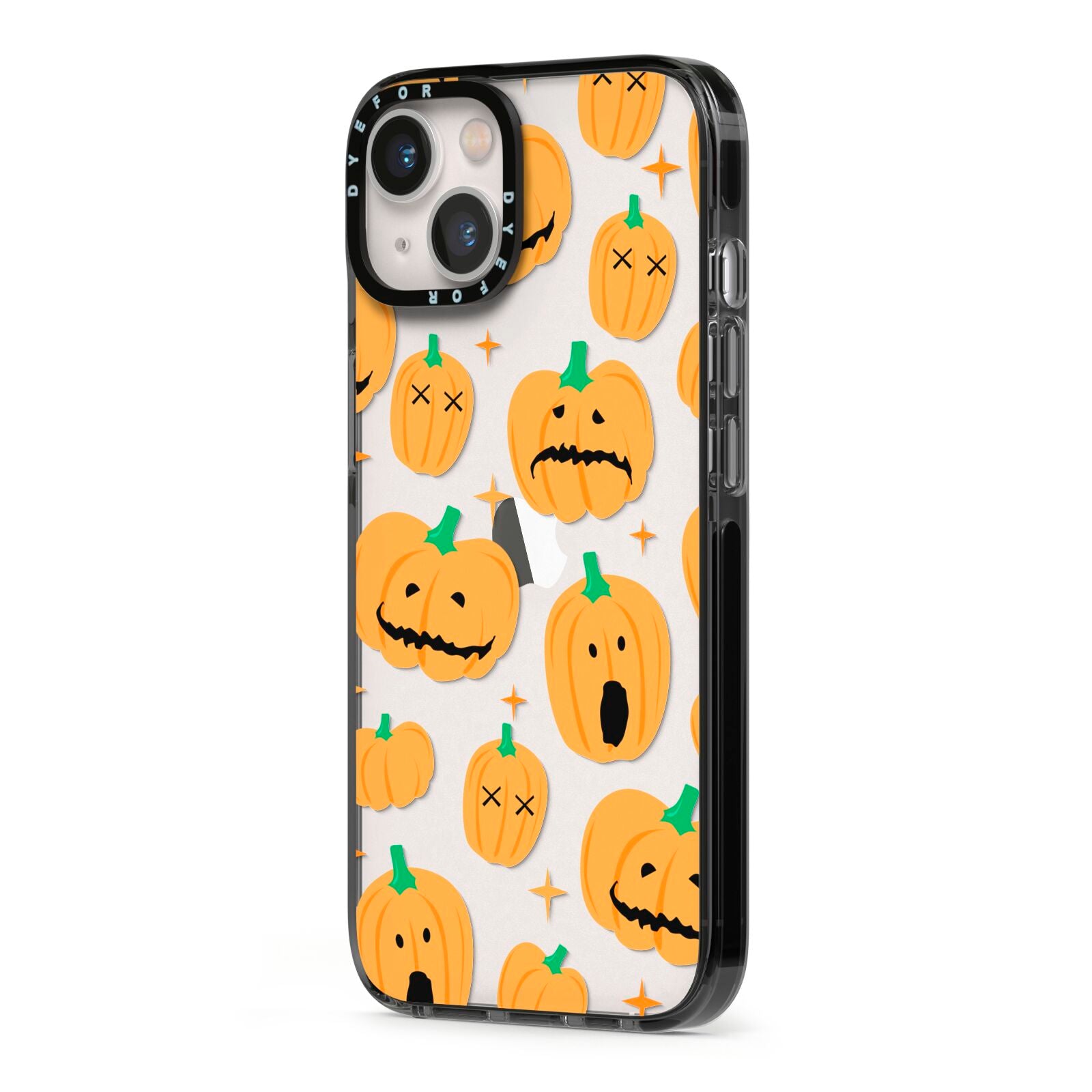 Jack O Lanterns with Transparent Background iPhone 13 Black Impact Case Side Angle on Silver phone