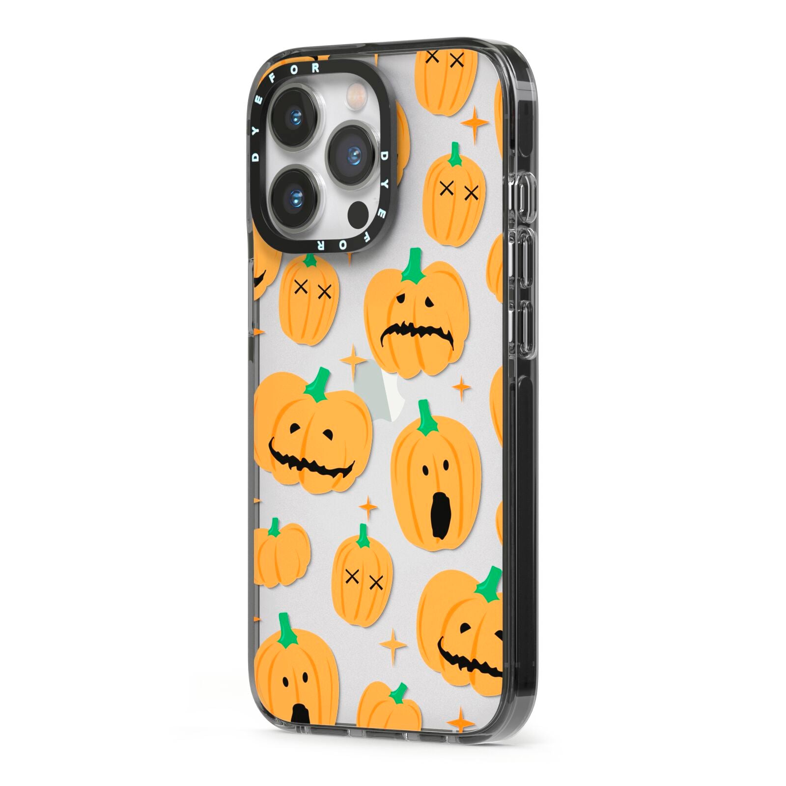 Jack O Lanterns with Transparent Background iPhone 13 Pro Black Impact Case Side Angle on Silver phone