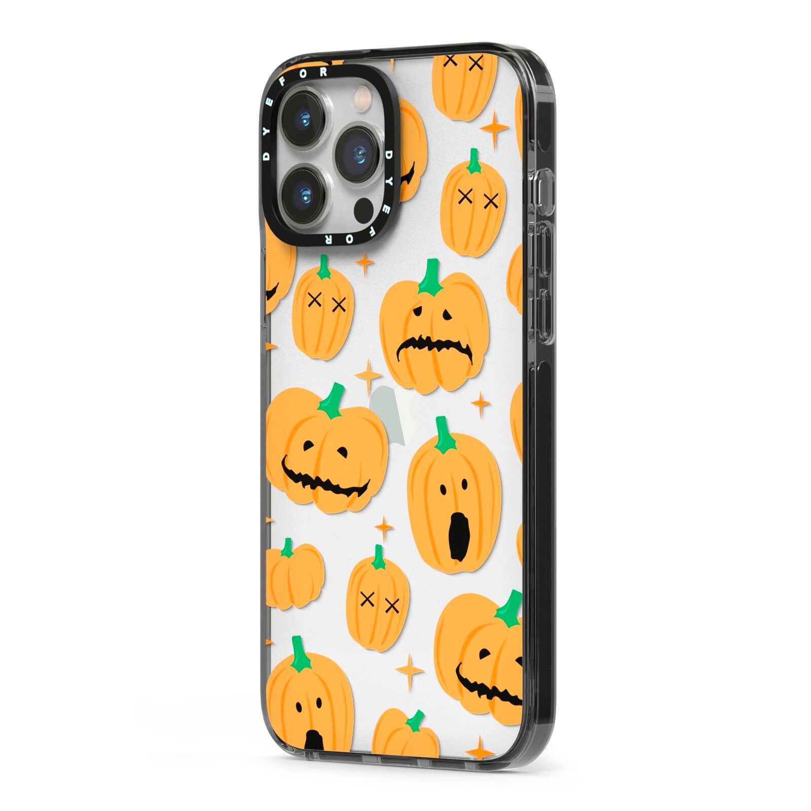 Jack O Lanterns with Transparent Background iPhone 13 Pro Max Black Impact Case Side Angle on Silver phone