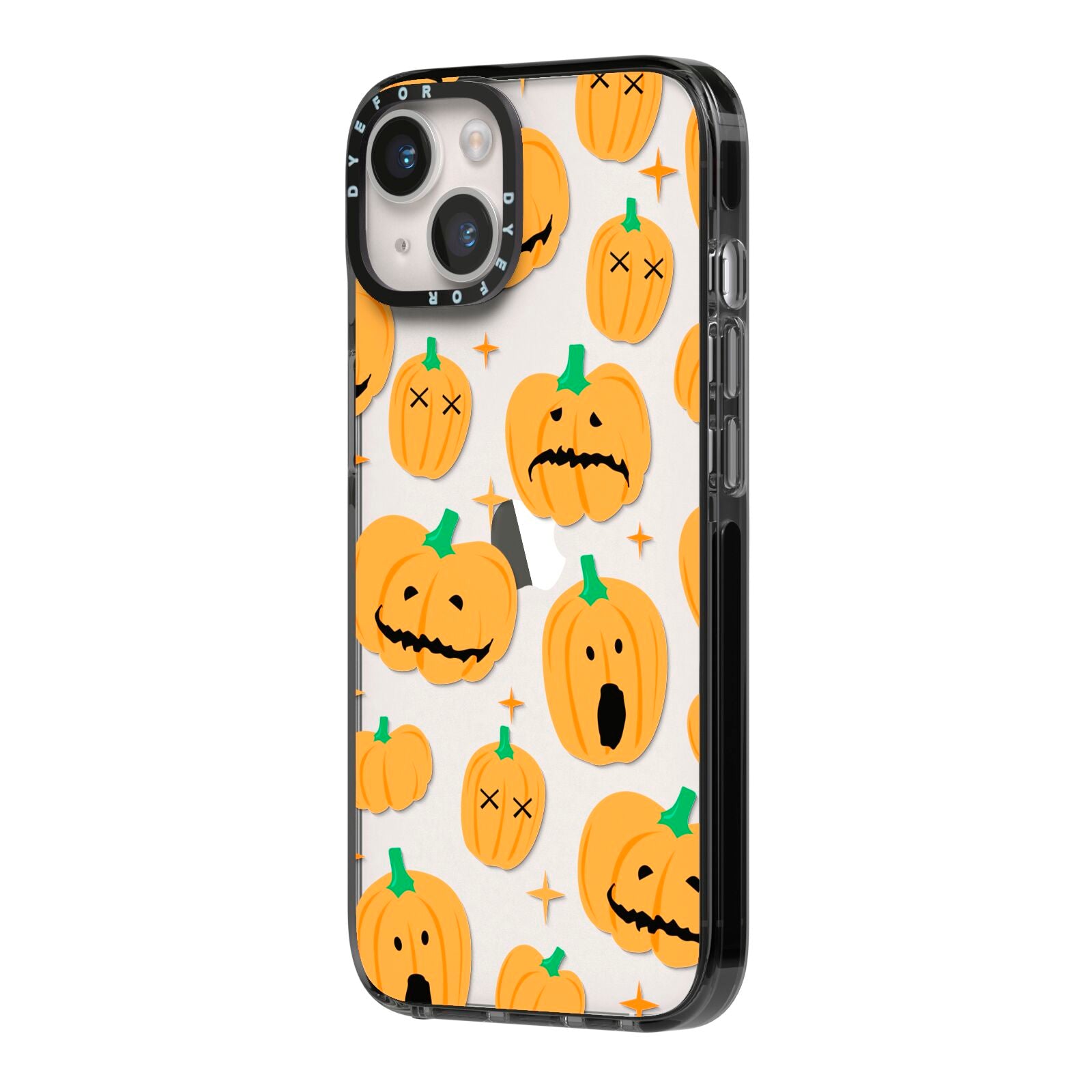 Jack O Lanterns with Transparent Background iPhone 14 Black Impact Case Side Angle on Silver phone