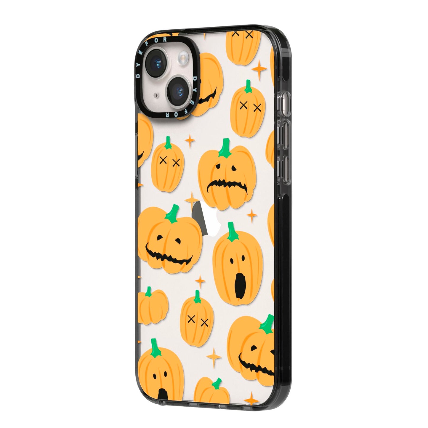 Jack O Lanterns with Transparent Background iPhone 14 Plus Black Impact Case Side Angle on Silver phone